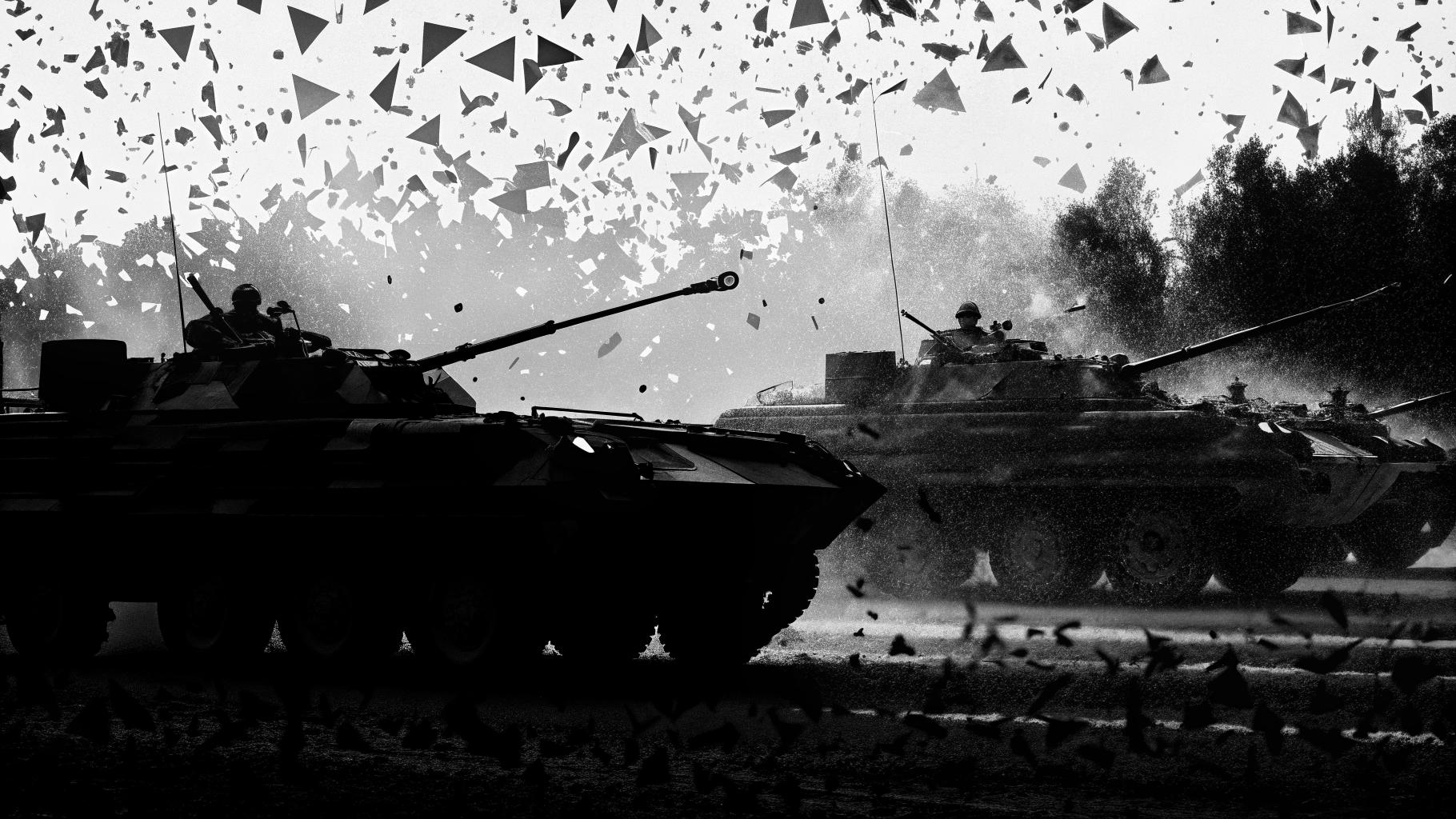 Représentation abstraite d'un défilé militaire fragmenté, symbole des tensions géopolitiques actuelles