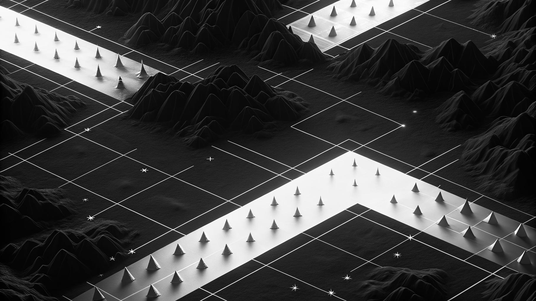 Paysage abstrait suggérant un conflit technologique moderne avec des trajectoires de drones