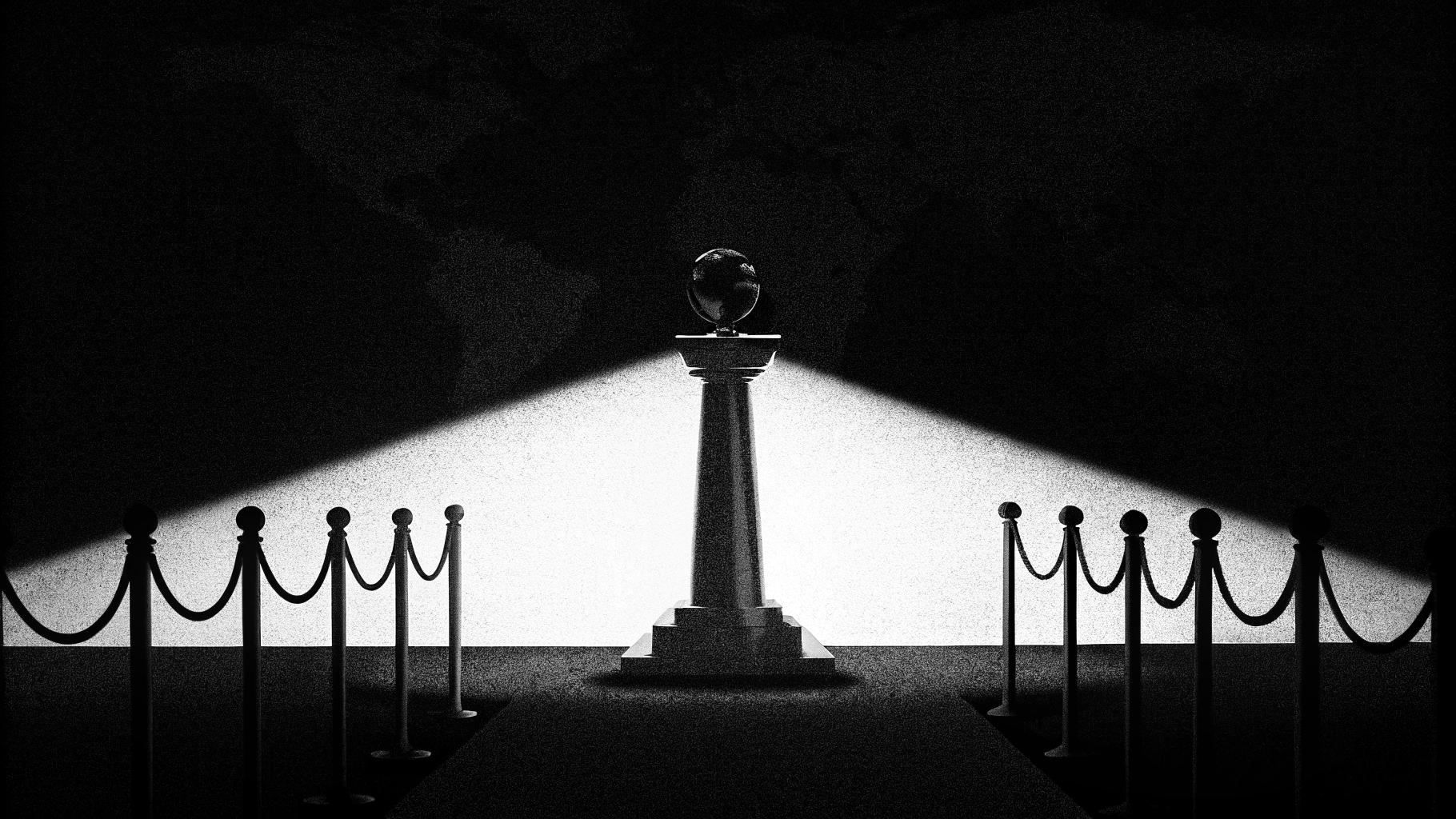 Illustration abstraite d'une Palme d'or sur fond de tensions mondiales et de projecteurs de cinéma