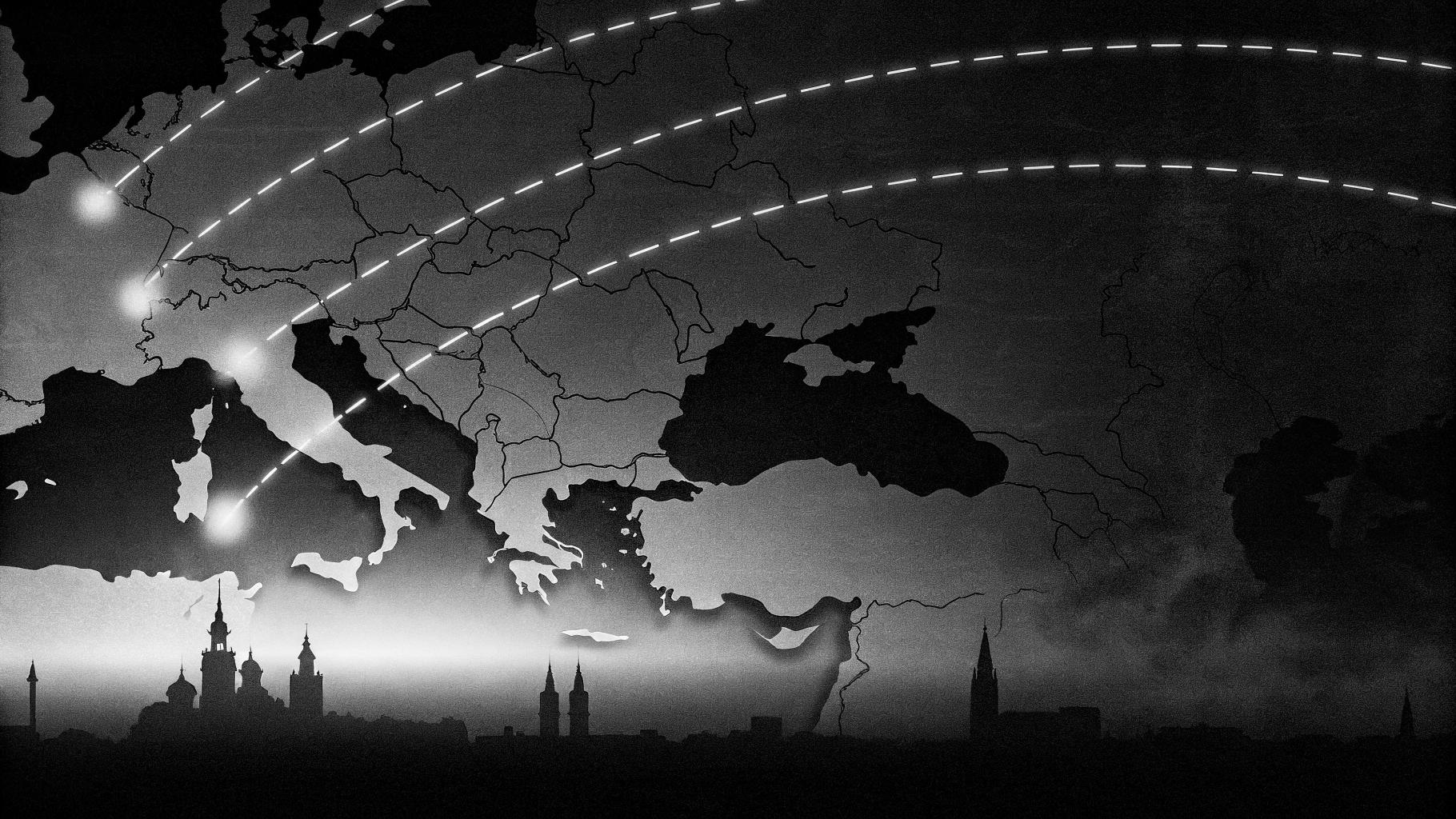 Illustration abstraite d’une trajectoire de missile au-dessus d’une carte stylisée de l’Europe de l’Est