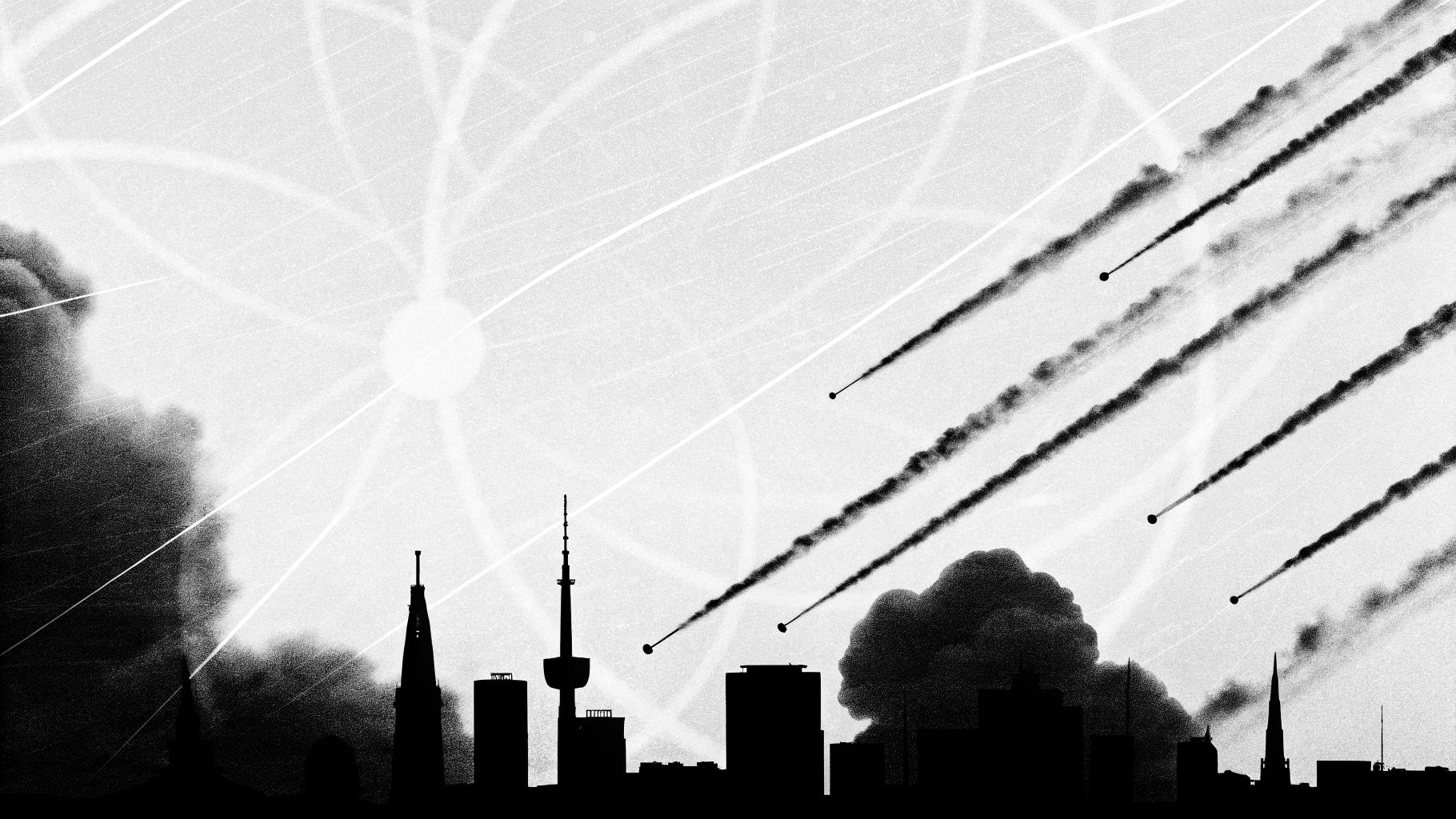 Illustration abstraite d’une ville frappée par des missiles, dans une ambiance sombre et éditoriale