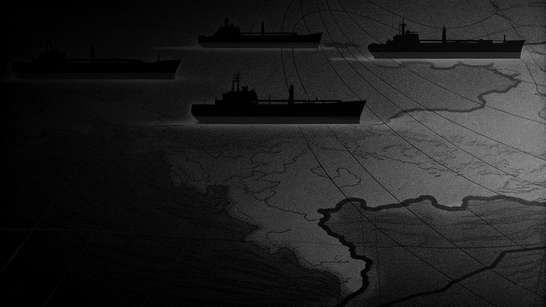 Illustration abstraite d’un détroit maritime stratégique, avec des silhouettes de navires et des documents diplomatiques