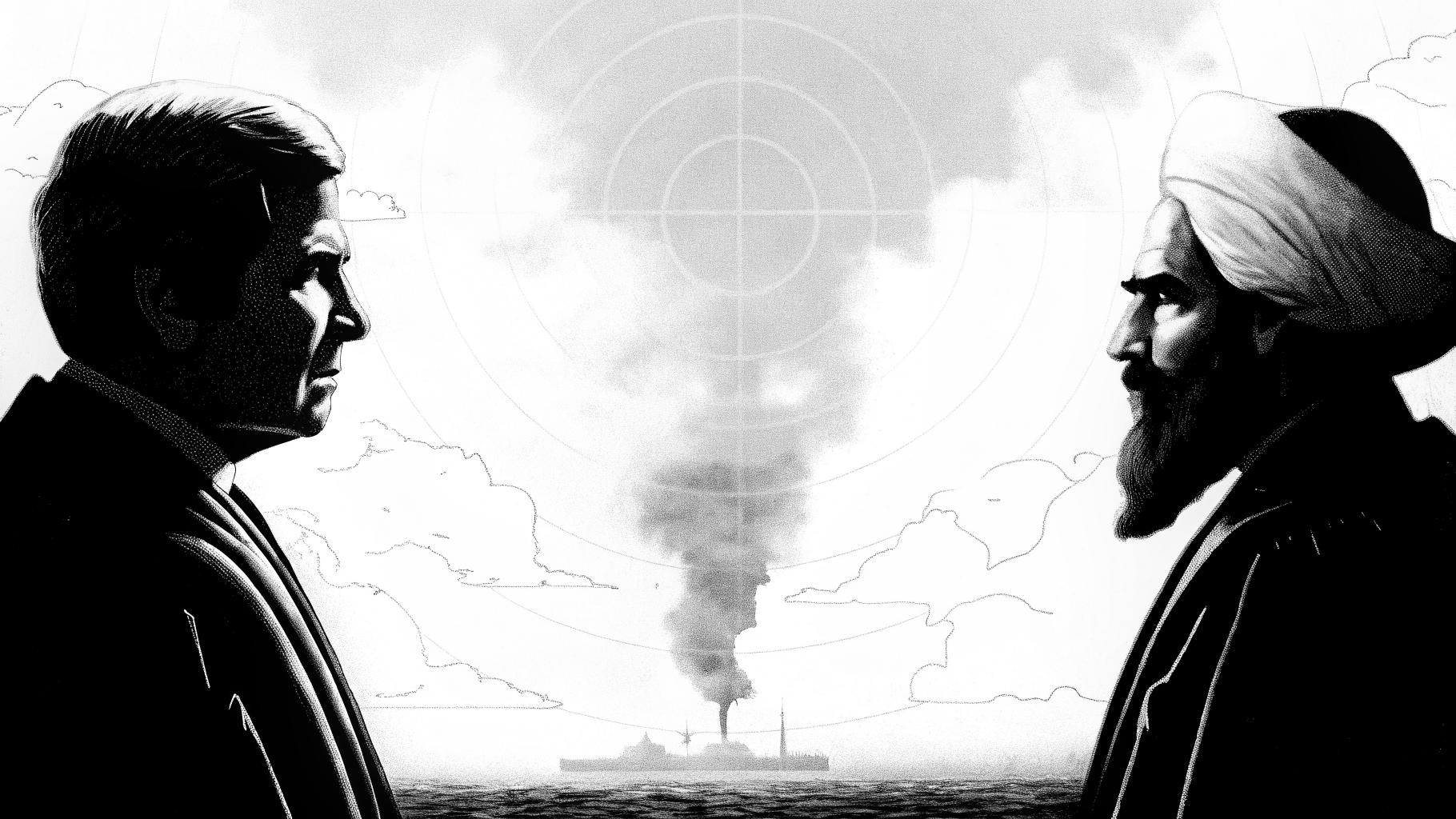 Illustration abstraite d’un équilibre diplomatique tendu entre l’Iran et les États-Unis, avec des symboles du nucléaire et du détroit d’Ormuz