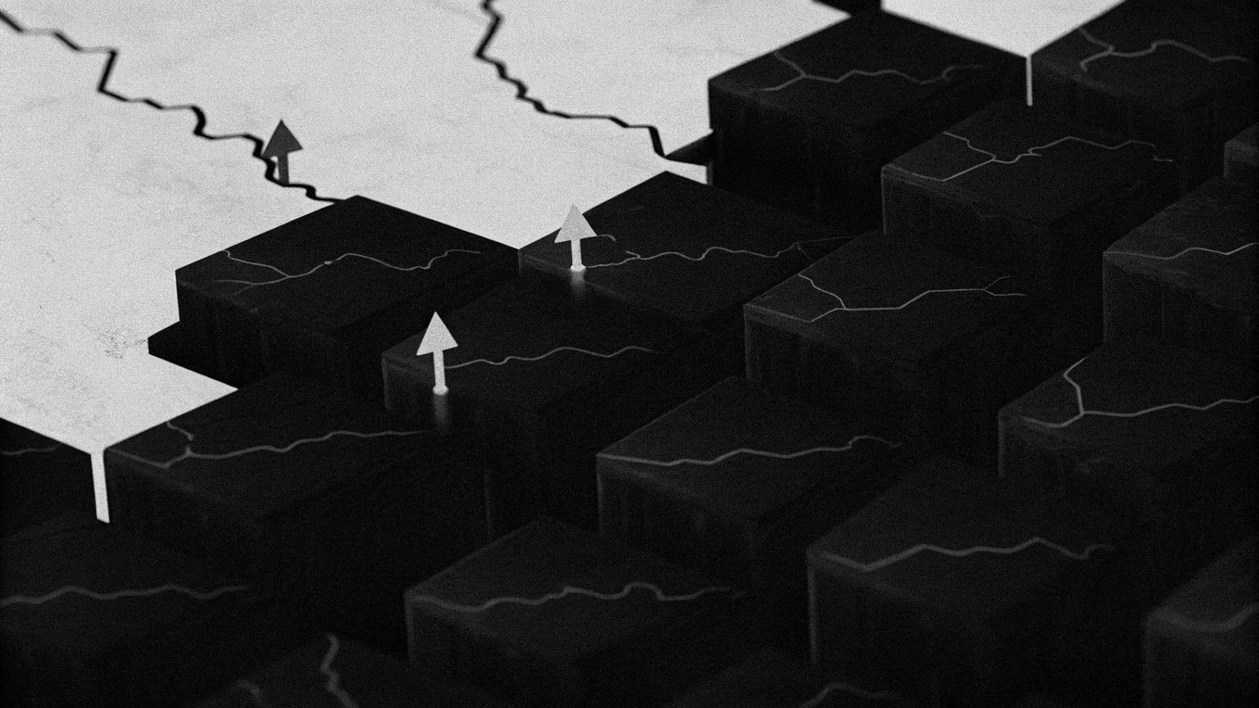 Illustration abstraite d’une Europe stylisée face à deux pôles de puissance mondiaux