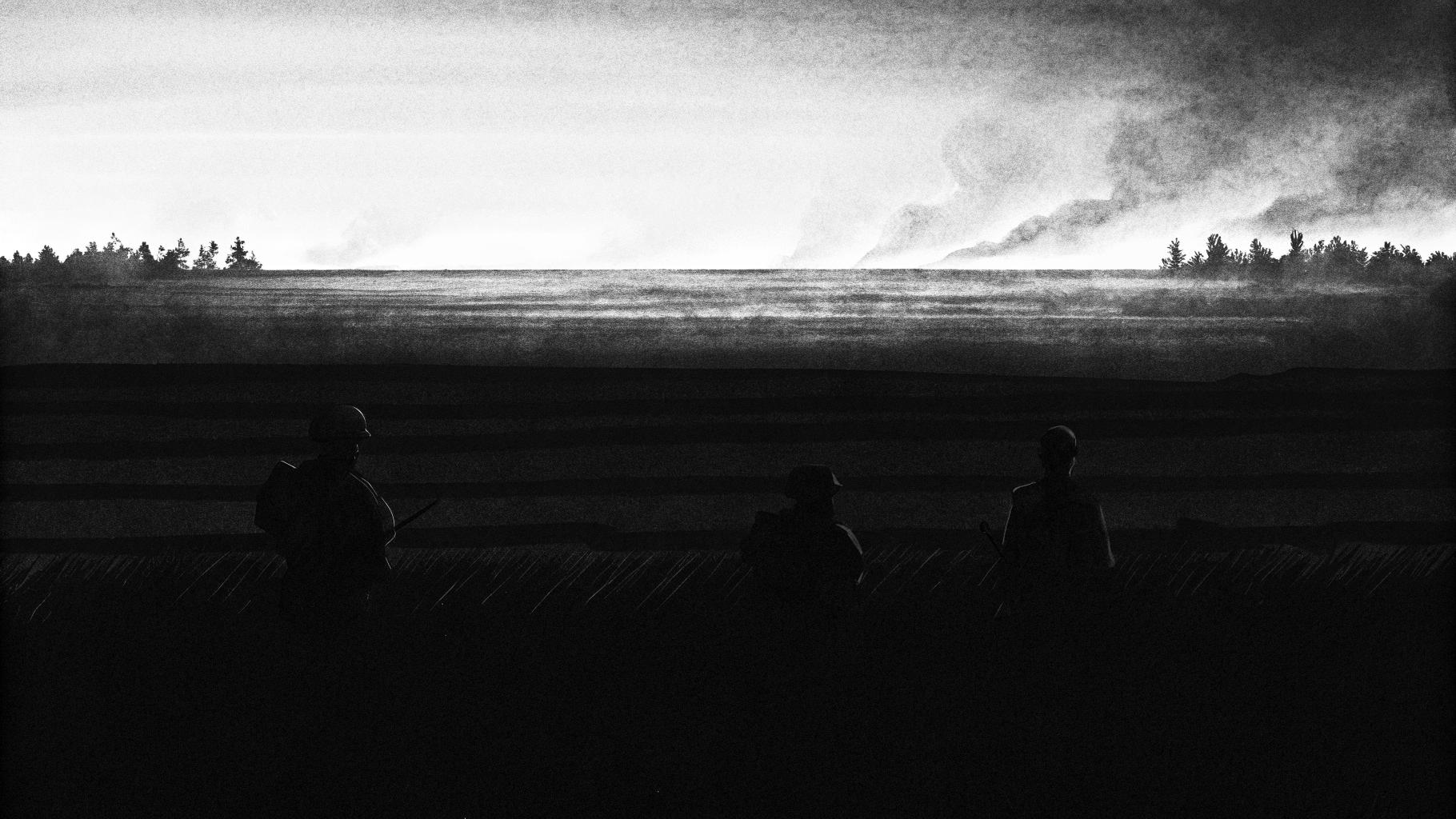 Illustration abstraite d’une frontière tendue avec fumées et silhouettes militaires au loin