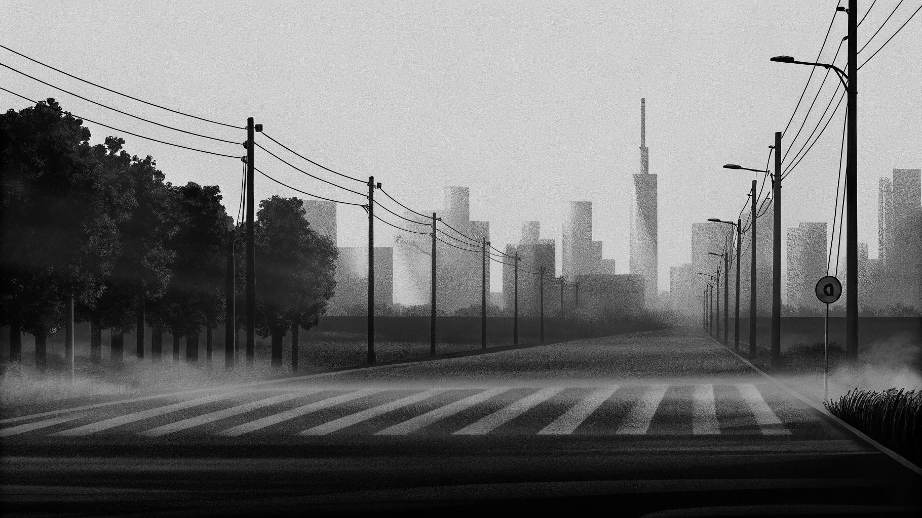 Illustration abstraite d’une ville française sous forte chaleur avec un voile de pollution atmosphérique