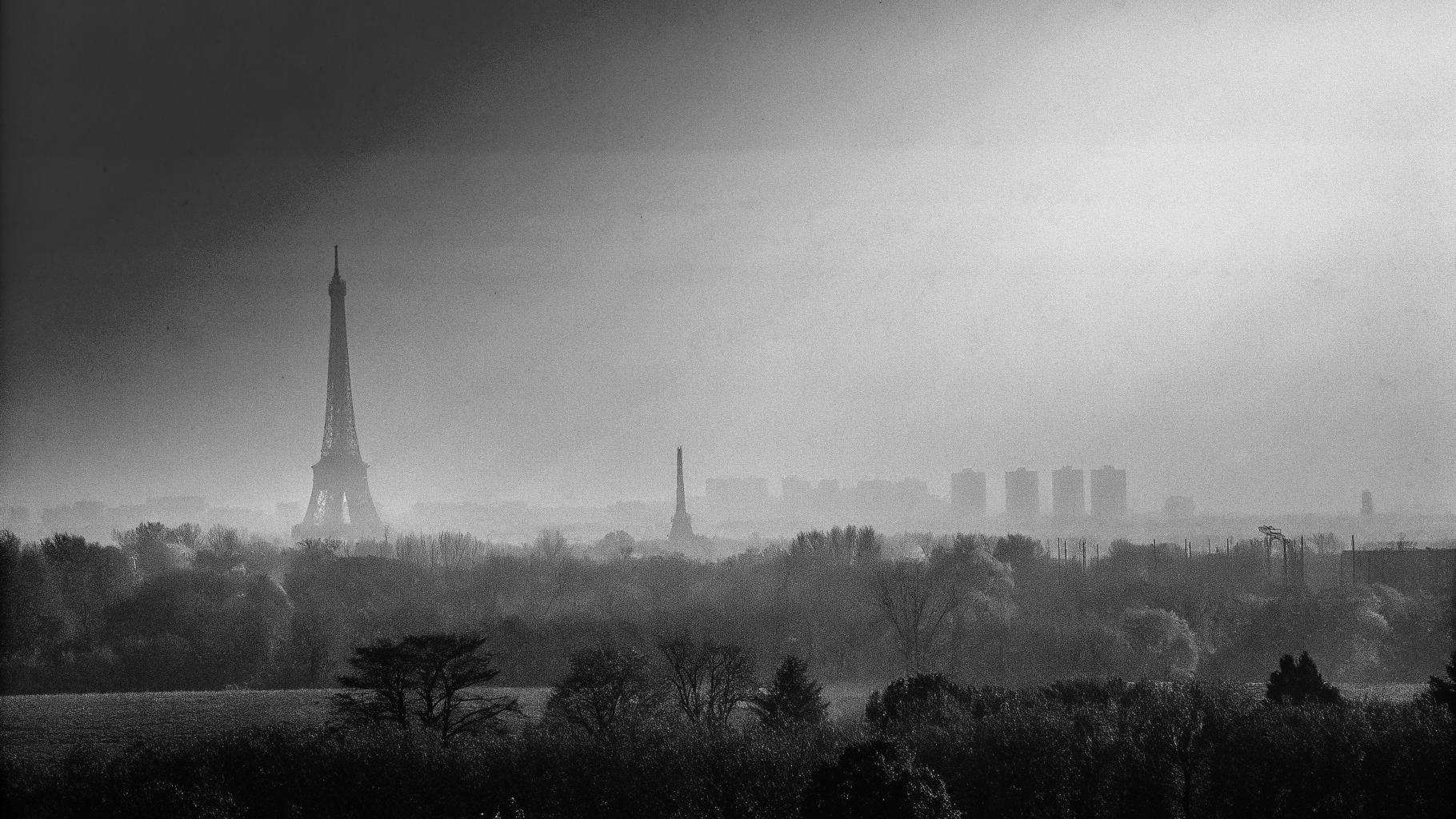 Illustration abstraite d’une ville française sous une forte chaleur avec une brume de pollution atmosphérique.