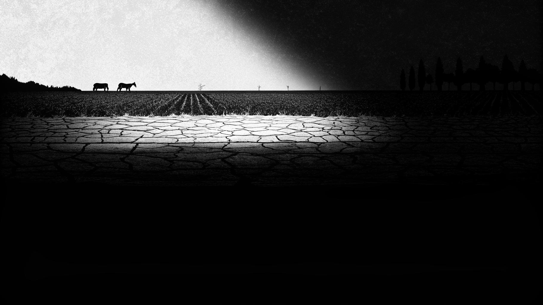 Illustration abstraite d’un champ asséché et d’un élevage exposé à une forte chaleur