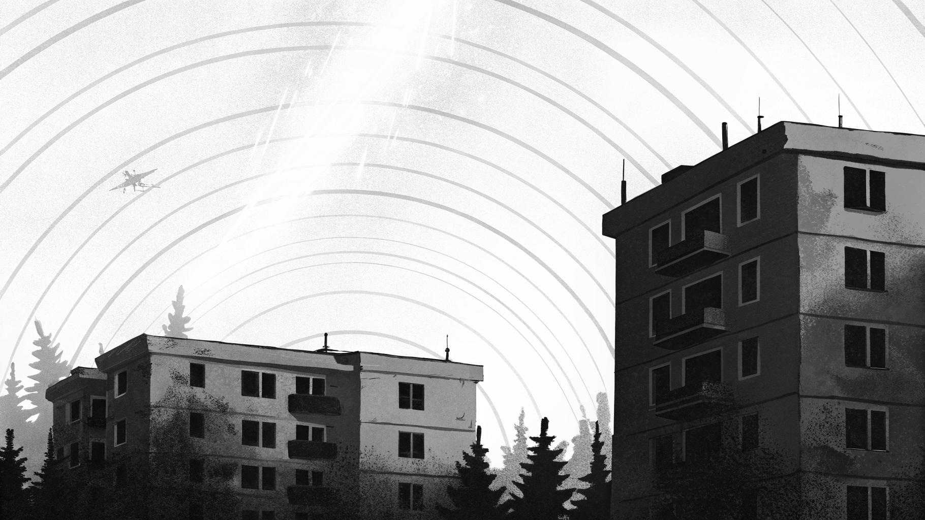 Illustration abstraite d’un immeuble résidentiel endommagé près d’une frontière, avec ambiance de tension sécuritaire