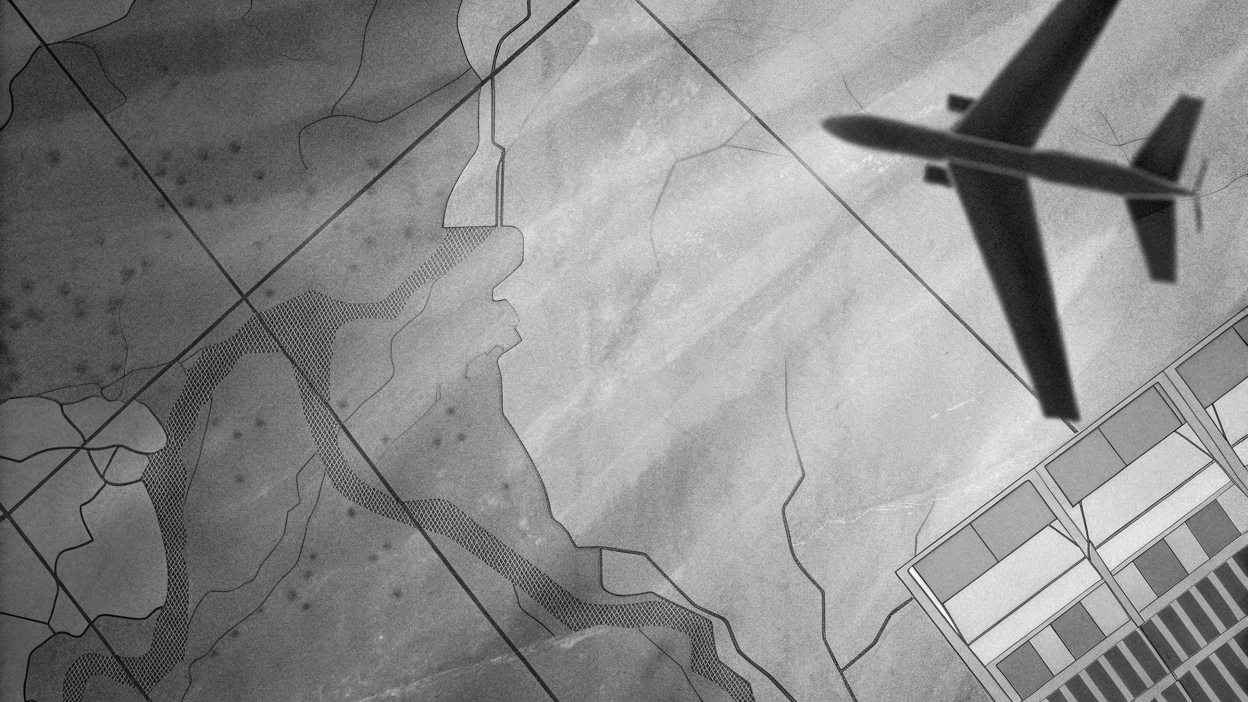 Illustration abstraite d’un drone tombé près d’une frontière fluviale avec un immeuble résidentiel en arrière-plan