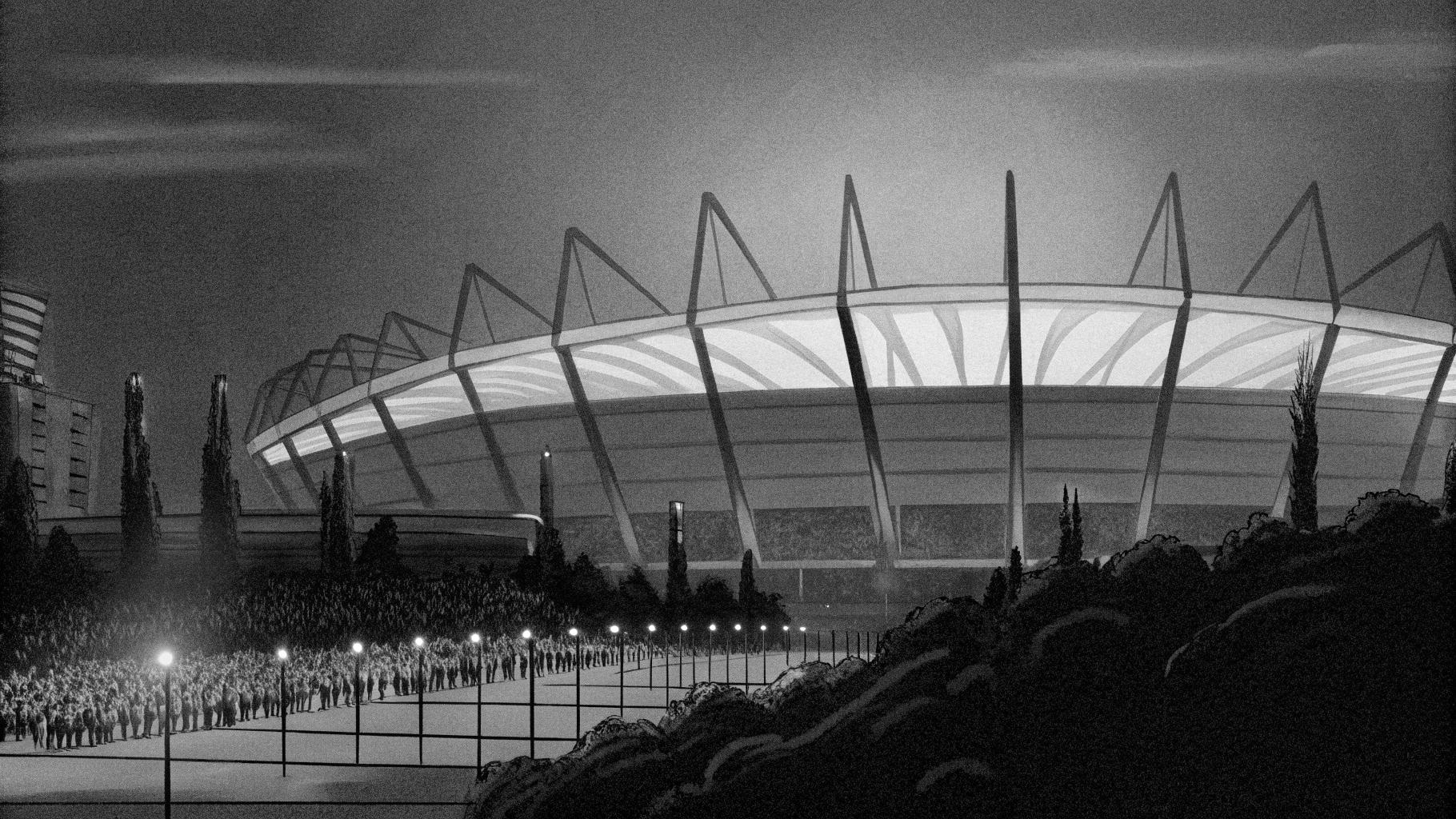 Illustration abstraite d’une capitale sous forte surveillance, avec stade, salle de concert, circulation dense et lumières de police