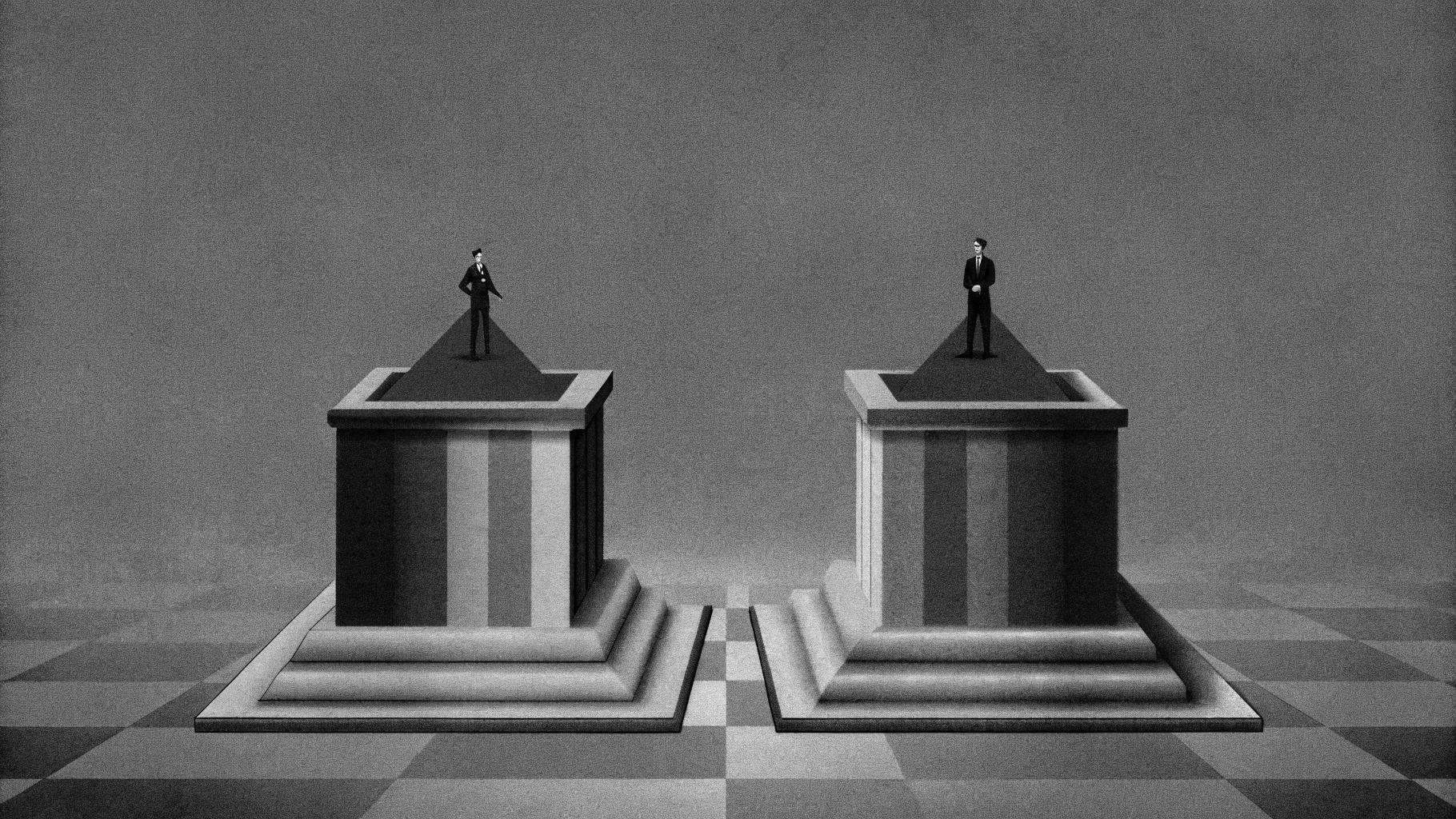 Illustration abstraite d’une rivalité politique dans le bloc central, avec une composition divisée et des tons sobres
