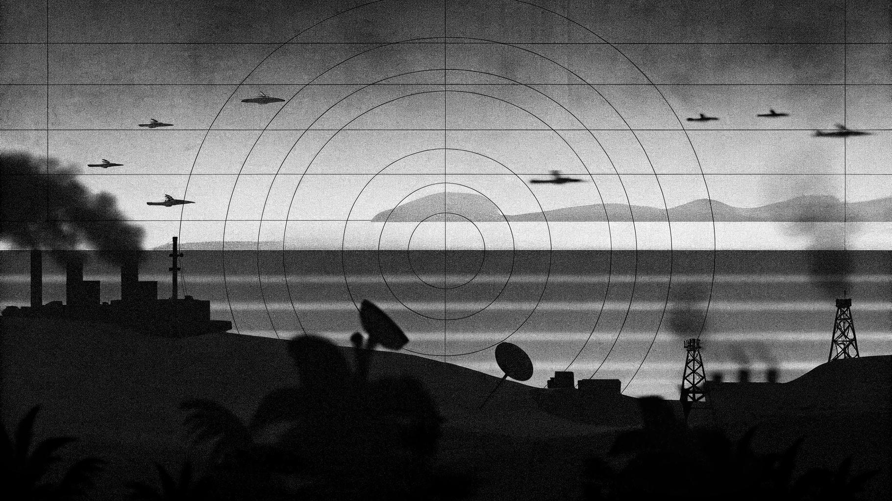 Illustration abstraite d’une base aérienne militaire avec silhouettes d’avions et fumée discrète