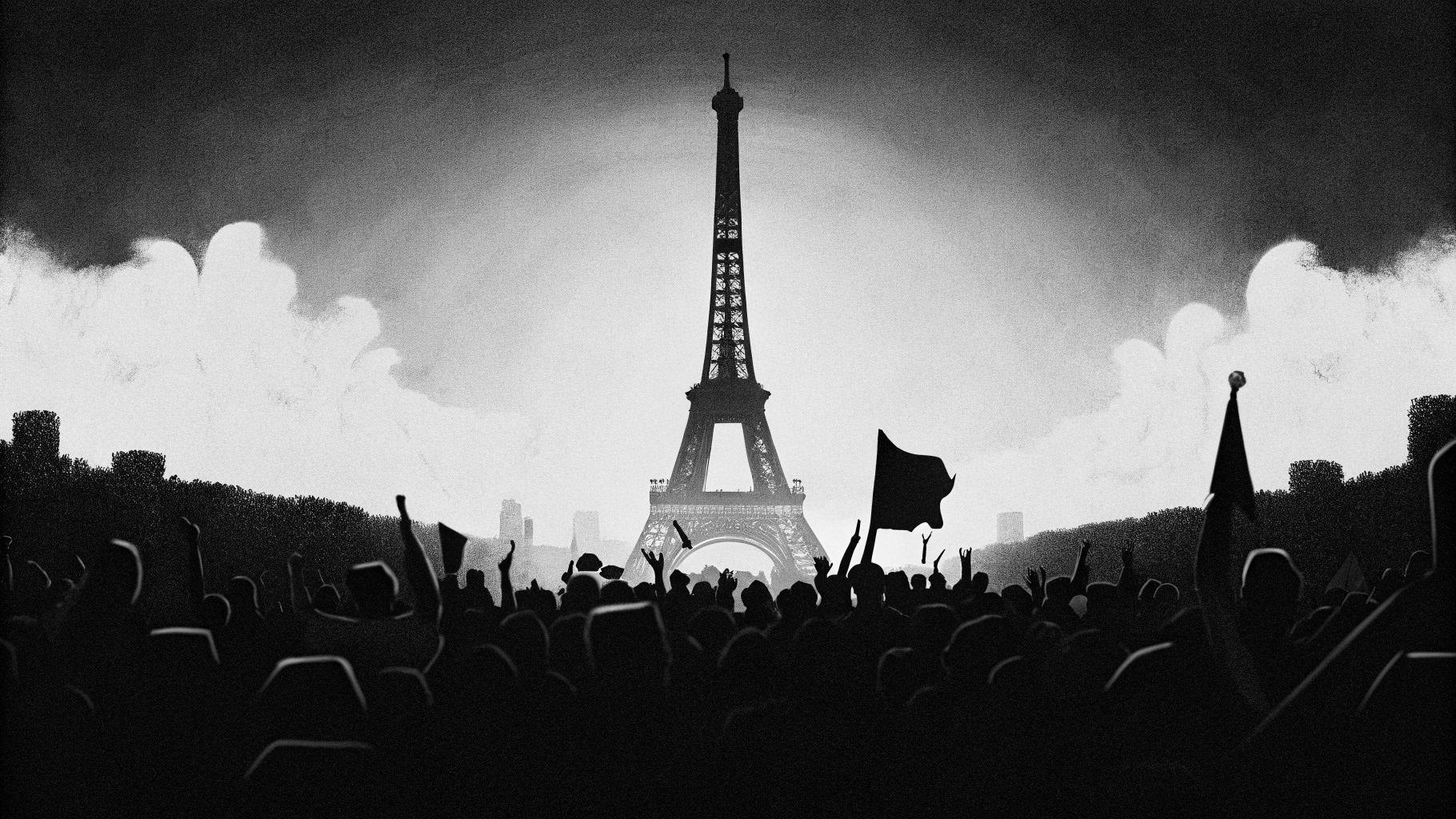 Illustration abstraite d’une foule en fête à Paris avec des lumières urbaines et une présence discrète des forces de l’ordre