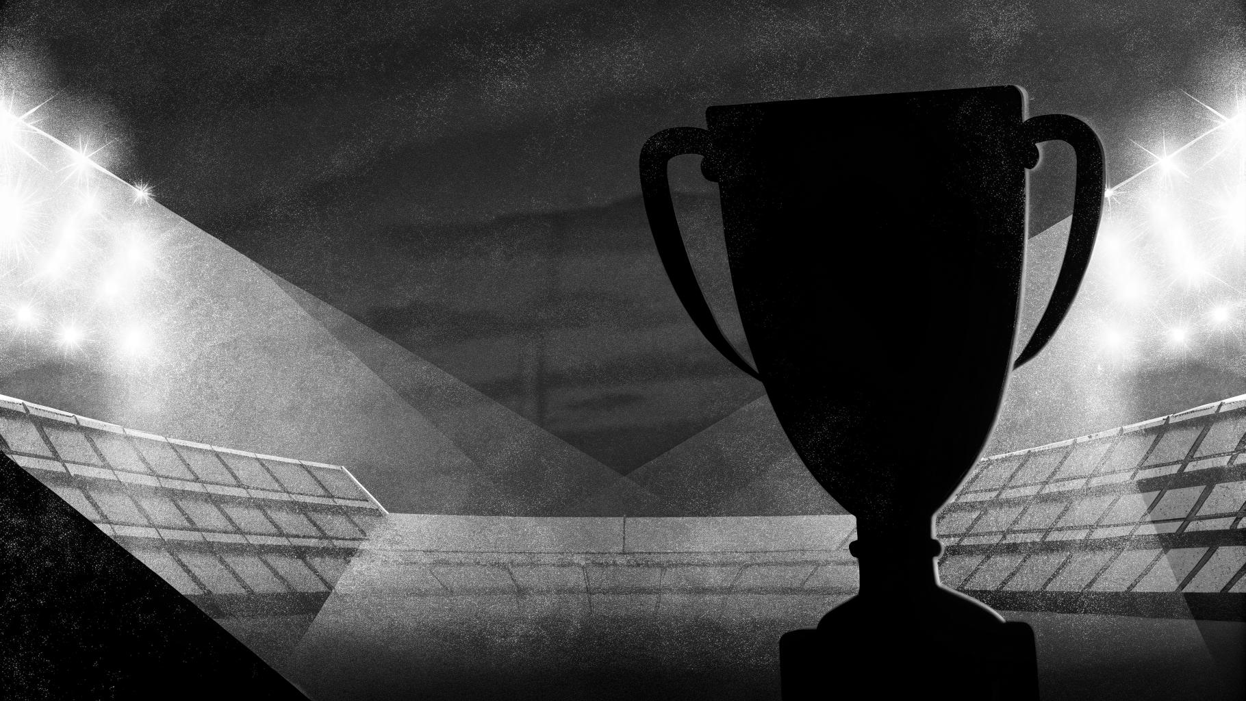 Illustration abstraite d’une victoire européenne du PSG avec un trophée stylisé et des lumières de stade