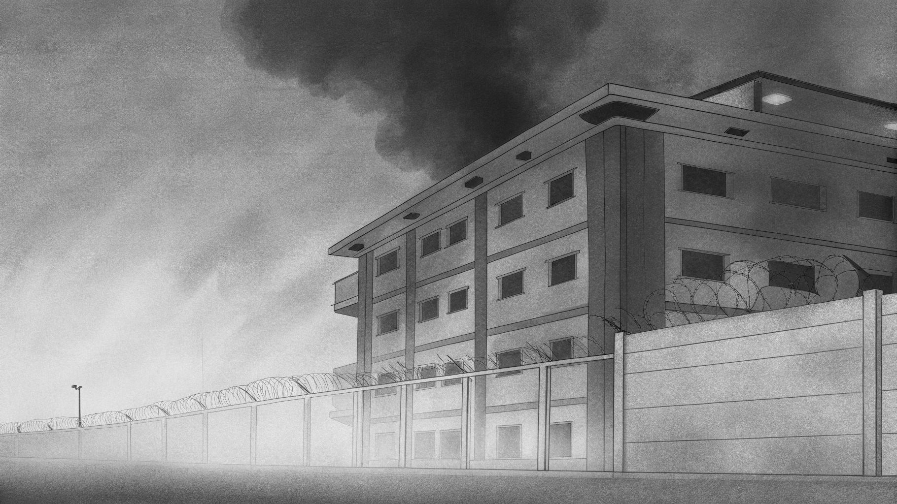 Illustration abstraite d’un hôpital isolé dans une ville désertée du sud du Liban, sur fond de combats.