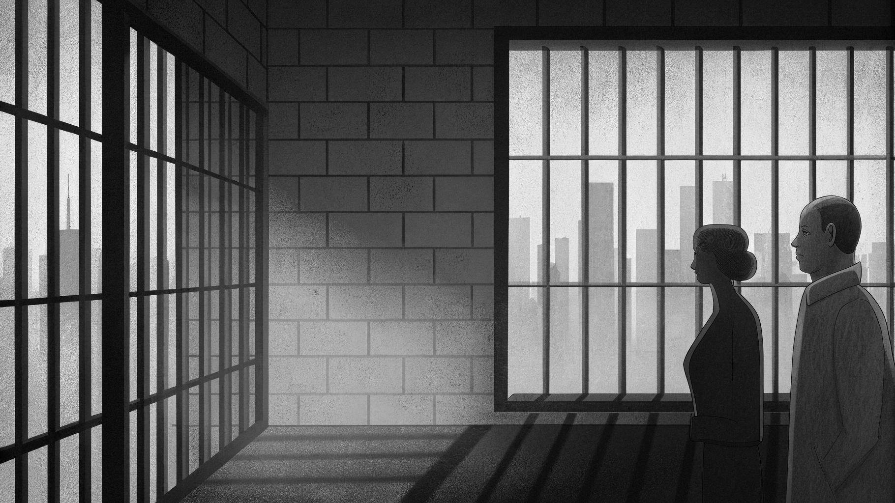 Illustration abstraite montrant une salle d’audience et des barreaux de prison sur fond de ville
