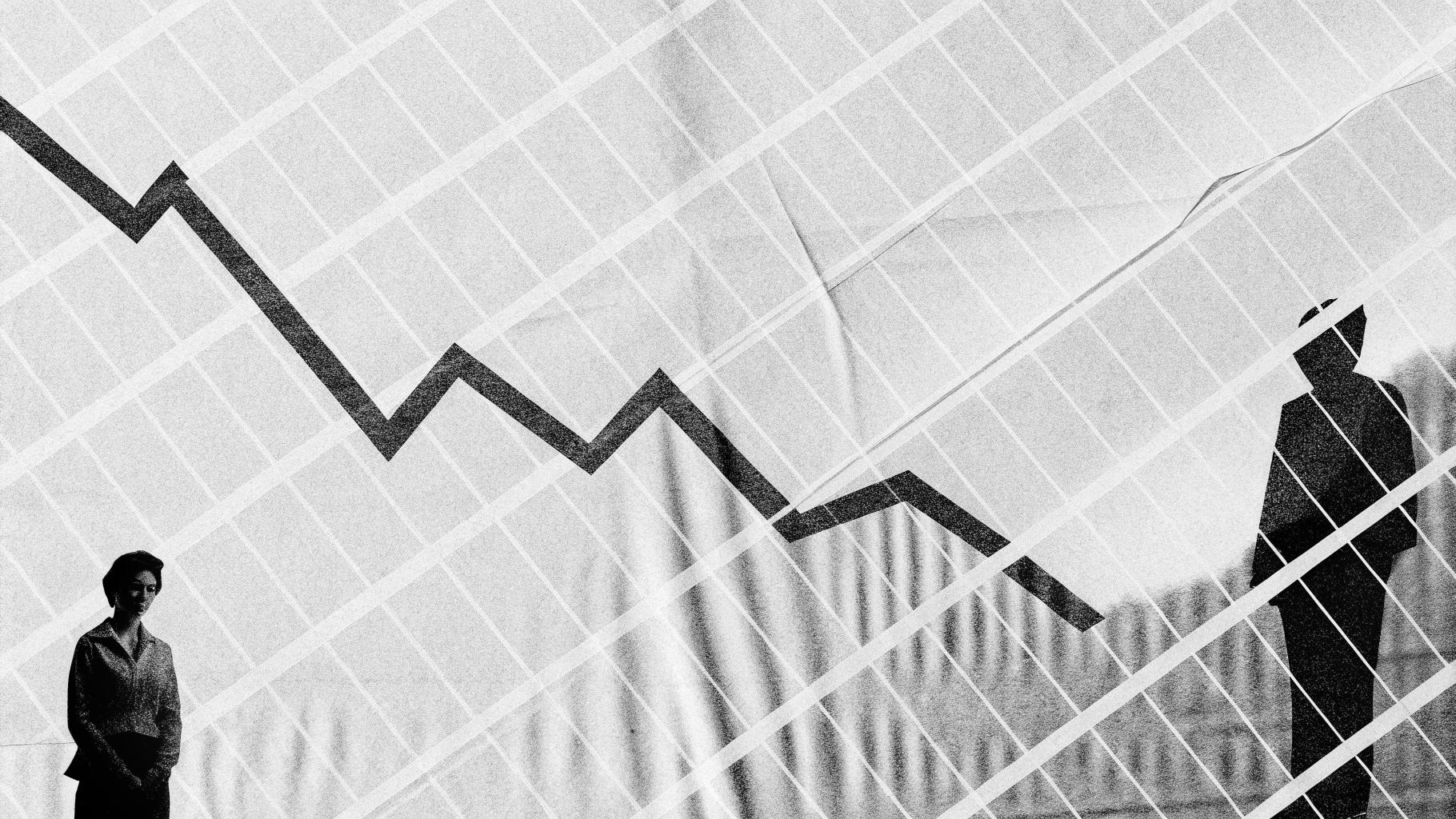 Illustration abstraite d’un parcours d’emploi fragmenté avec un graphique stylisé et des couleurs sobres