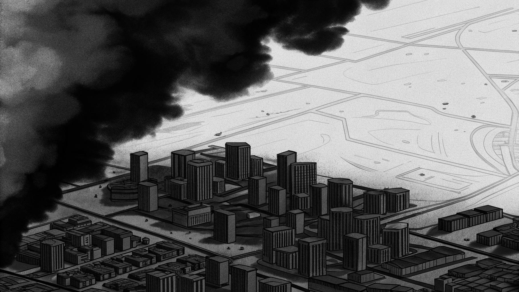 Illustration abstraite d’une ville du Moyen-Orient sous tension militaire, avec fumée et ambiance sombre.