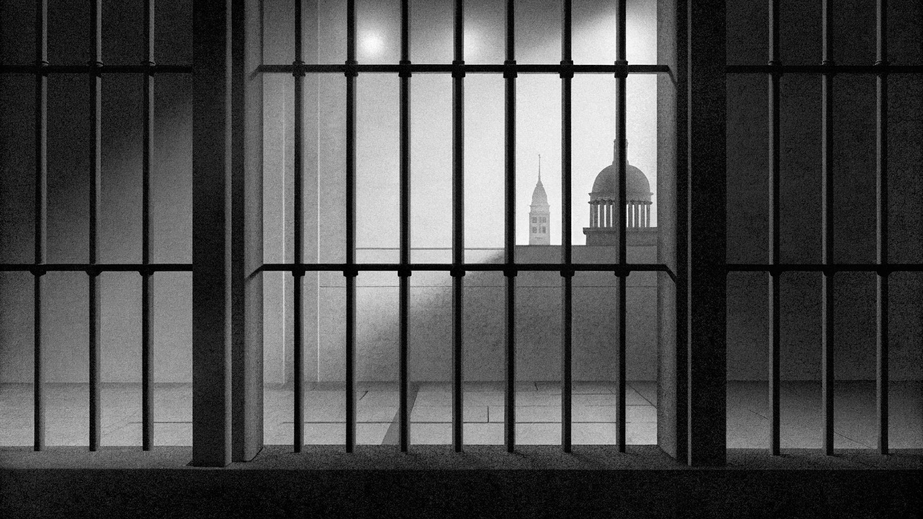 Illustration abstraite montrant des barreaux, un manuscrit et une silhouette de tribunal dans des tons sobres
