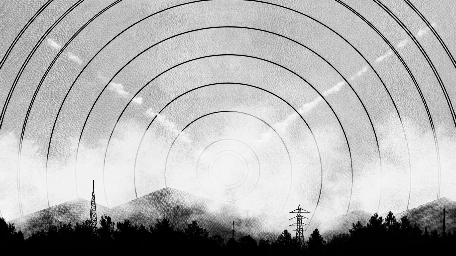 Illustration abstraite d’une ville ukrainienne sous menace de missiles, avec arcs de défense antiaérienne stylisés