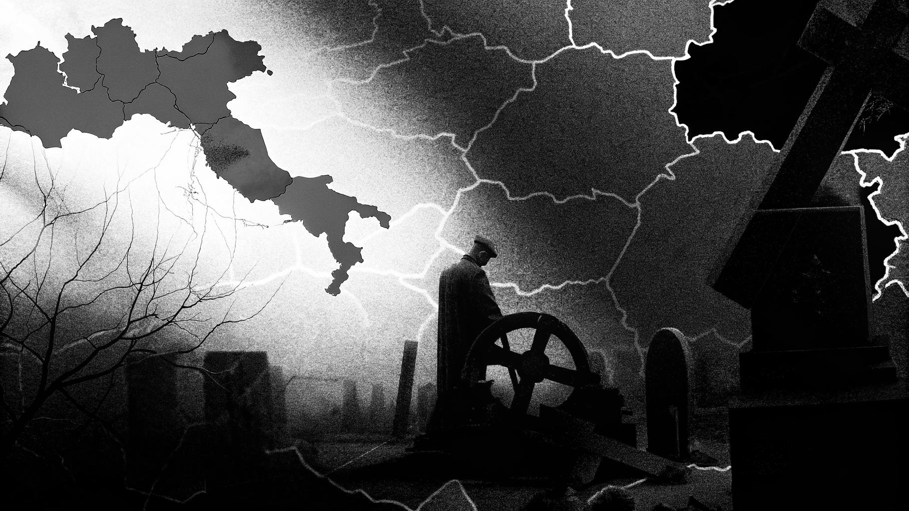 Illustration abstraite d’une mémoire historique ukrainienne contestée avec des symboles de guerre et de tensions diplomatiques