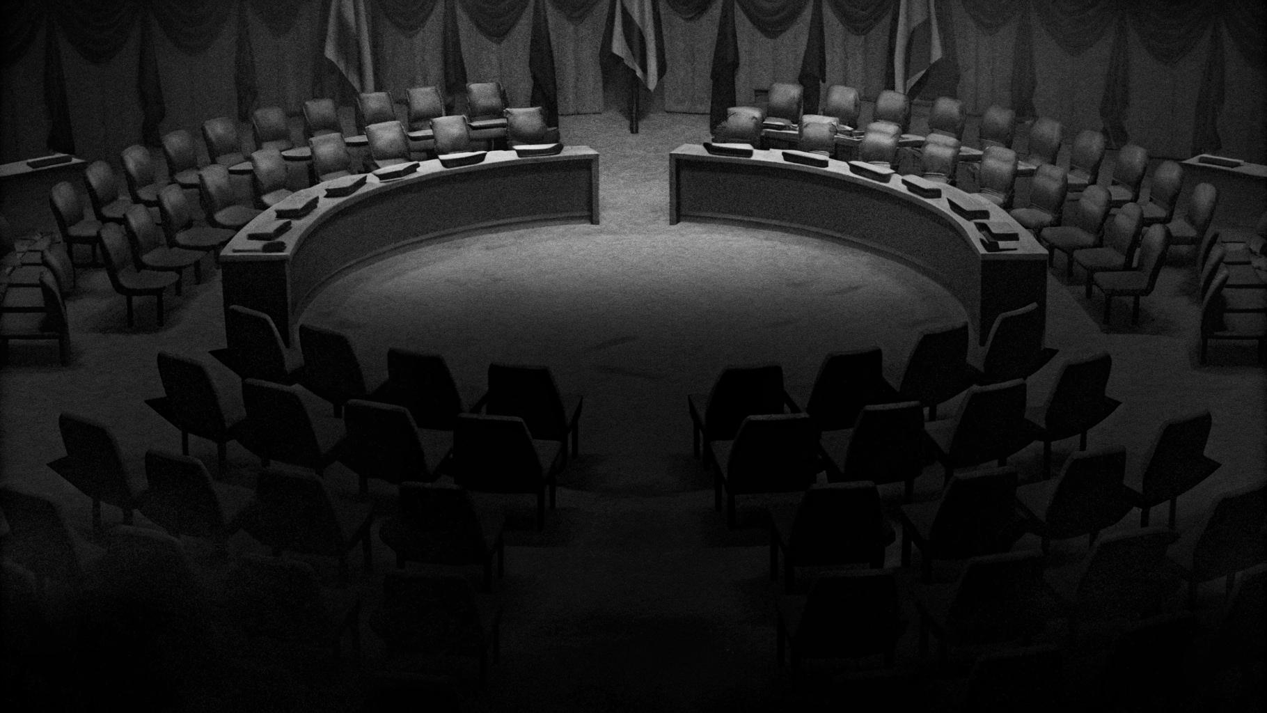 Illustration abstraite d’une salle de l’ONU avec des symboles de diplomatie européenne et de tension institutionnelle