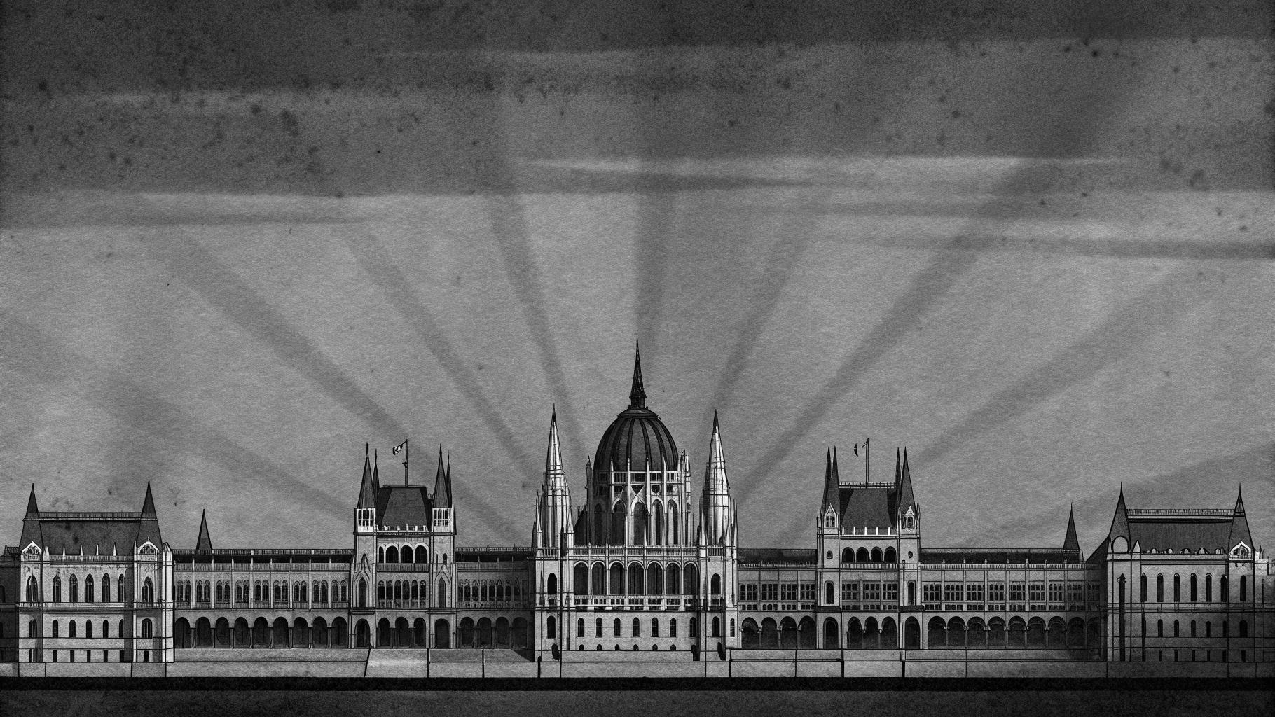 Illustration abstraite d’un palais de justice et d’une manifestation urbaine à Budapest, dans des tons sobres