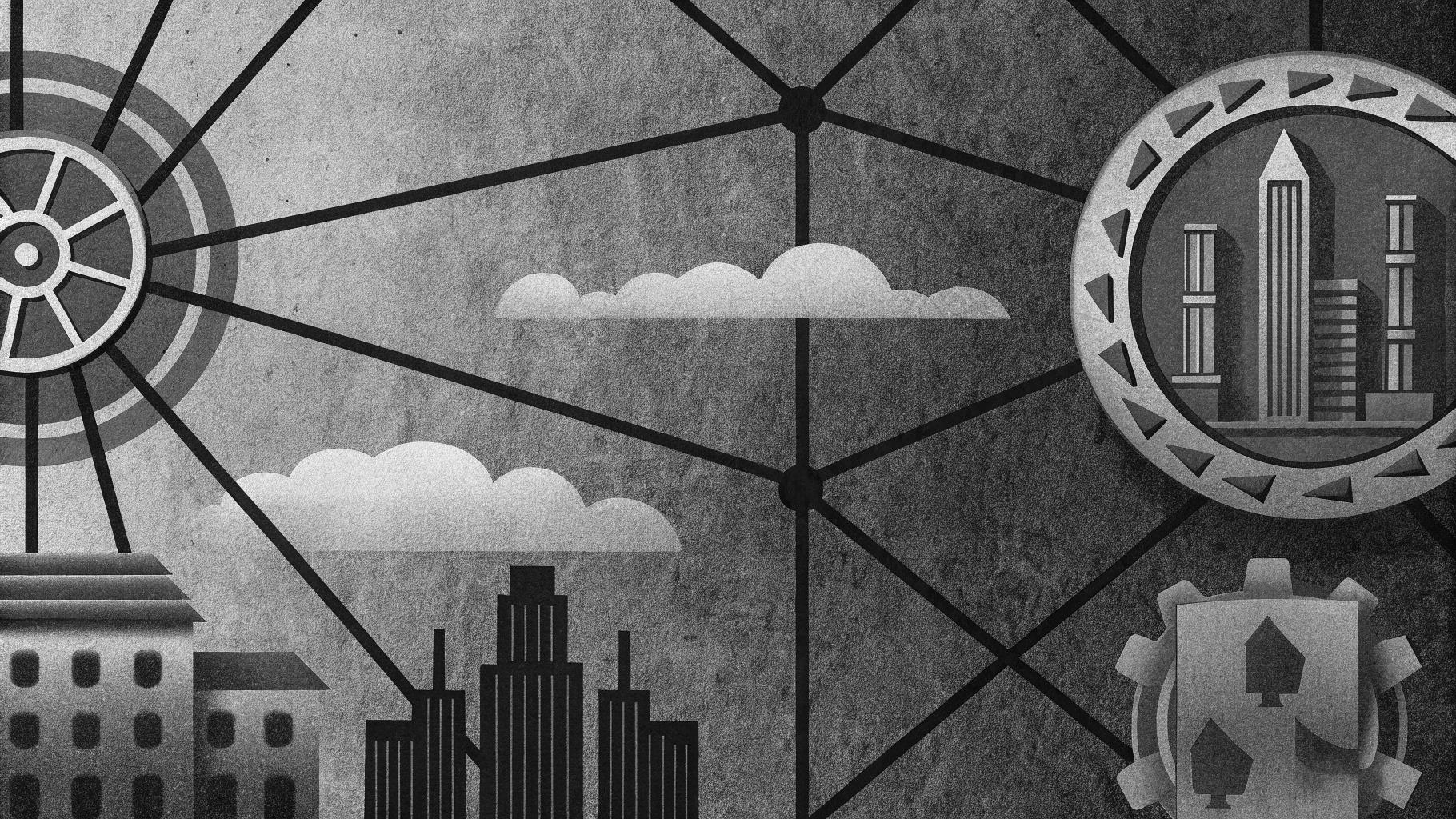 Illustration abstraite d’un réseau financier reliant une banque, des documents offshore et des flux d’argent