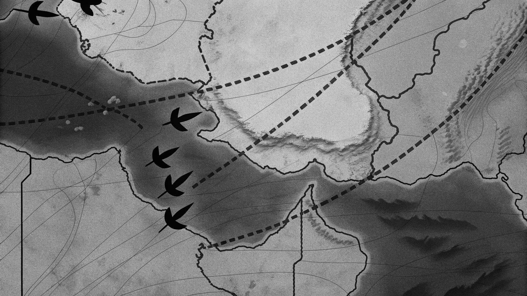 Illustration abstraite d’une carte tendue du Golfe avec trajectoires de missiles et symboles radar sur fond sobre.