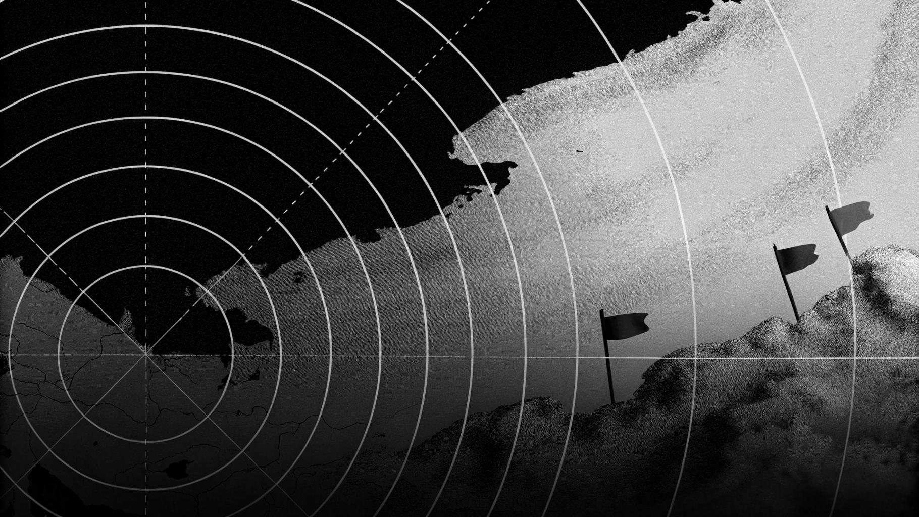 Illustration abstraite d’un missile et d’une trajectoire radar sur fond sombre