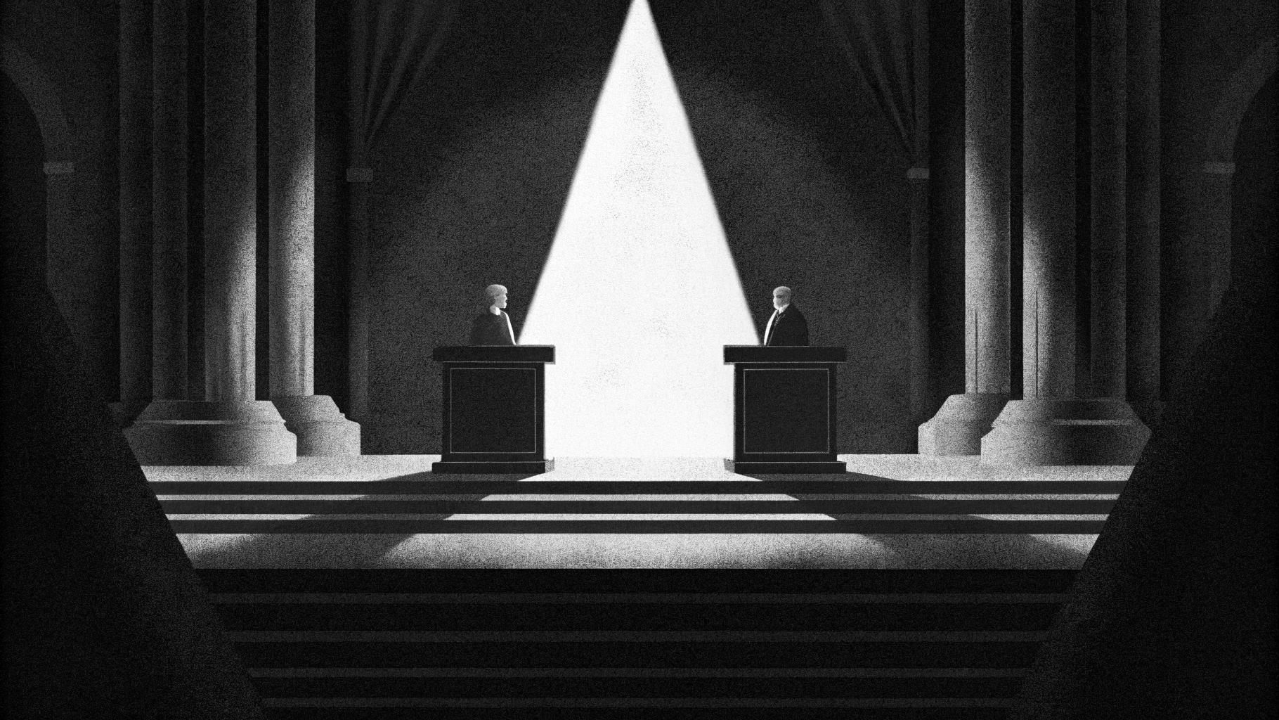 Illustration abstraite d’une Maison Blanche transformée en arène de combat, dans des tons sobres