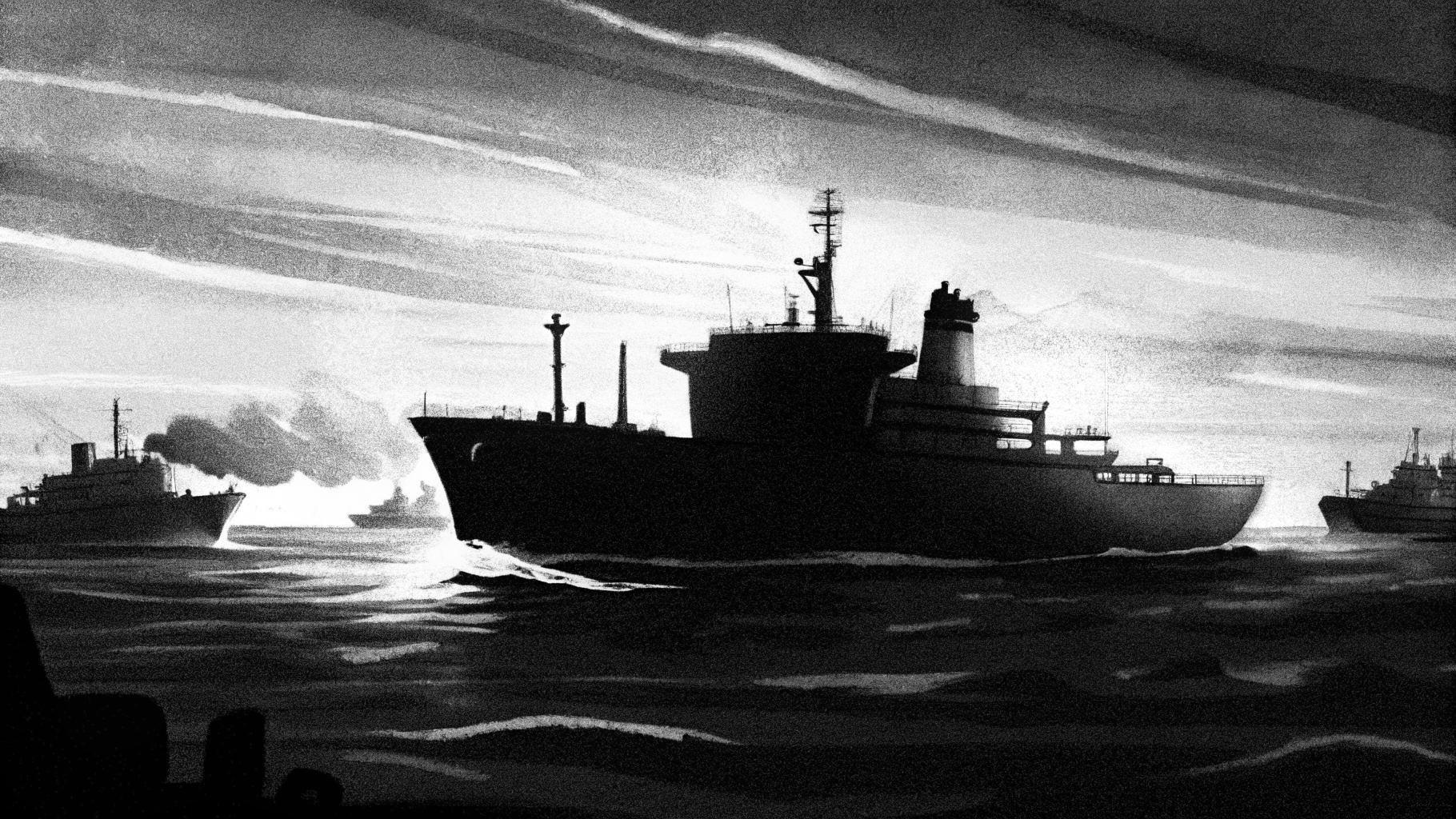 Illustration abstraite d'un pétrolier sombre en mer du Nord, entouré de navires de patrouille, sous un ciel de nuit gris, sans texte, logo ou visage, palette sobre, format paysage 3:2