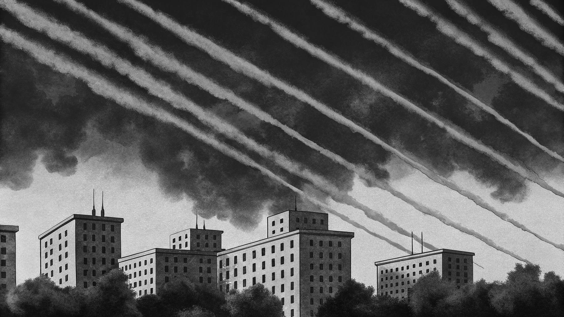 Illustration abstraite d’une ville ukrainienne de nuit sous des frappes aériennes, avec fumées et lumières d’urgence