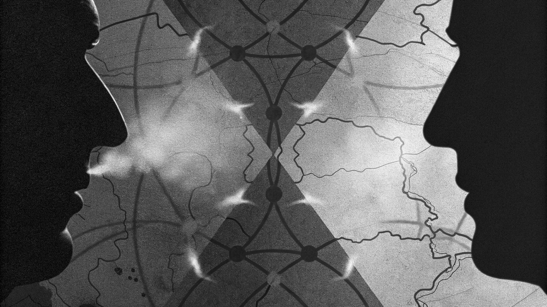 Illustration abstraite d’une tension diplomatique au Moyen-Orient avec des formes symbolisant la guerre et la négociation.