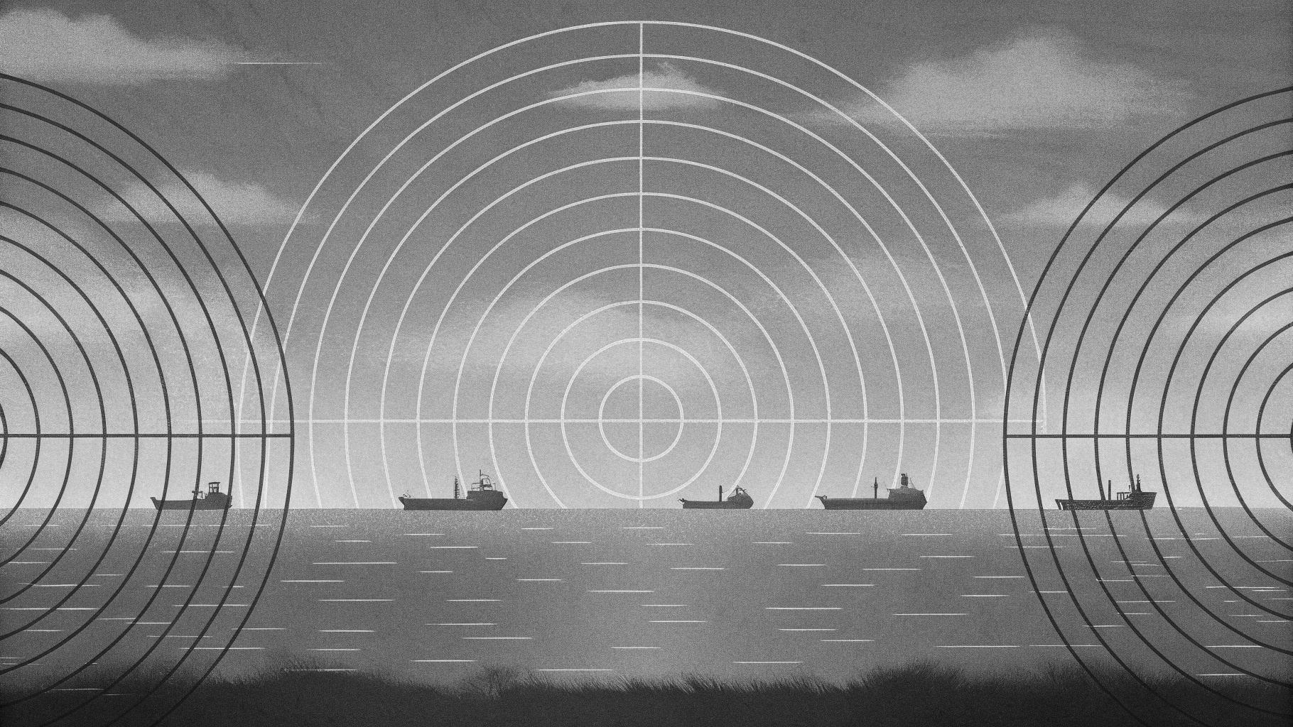 Illustration abstraite d’un détroit stratégique avec navires et éléments diplomatiques stylisés