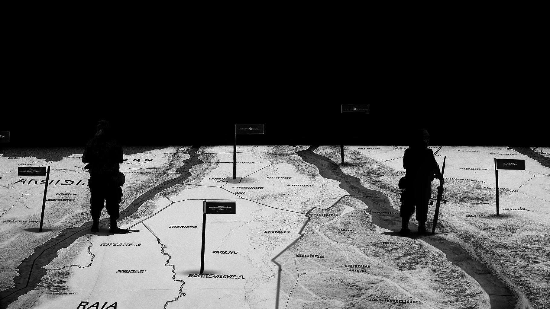 Illustration abstraite d’une crise diplomatique au Moyen-Orient avec routes maritimes et carte stylisée.