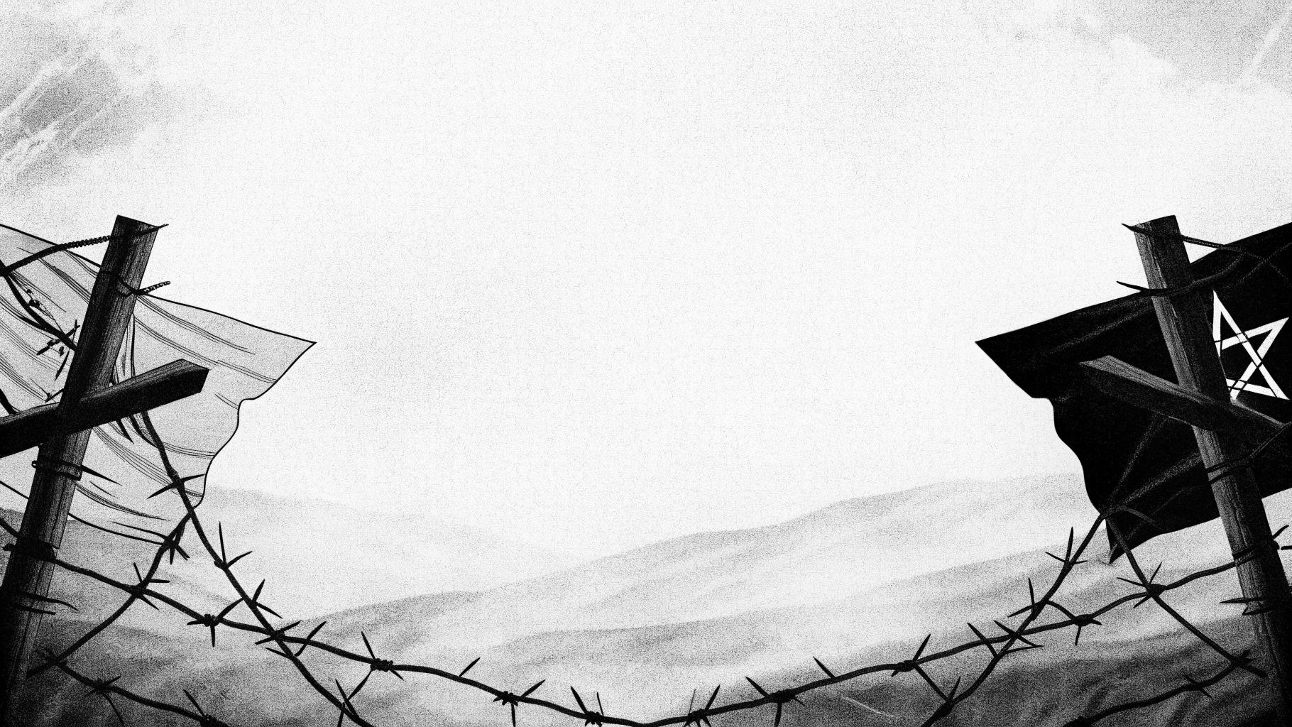 Illustration abstraite évoquant les tensions politiques et les conflits armés en Colombie, sans texte ni visage reconnaissable, palette sobre, format paysage