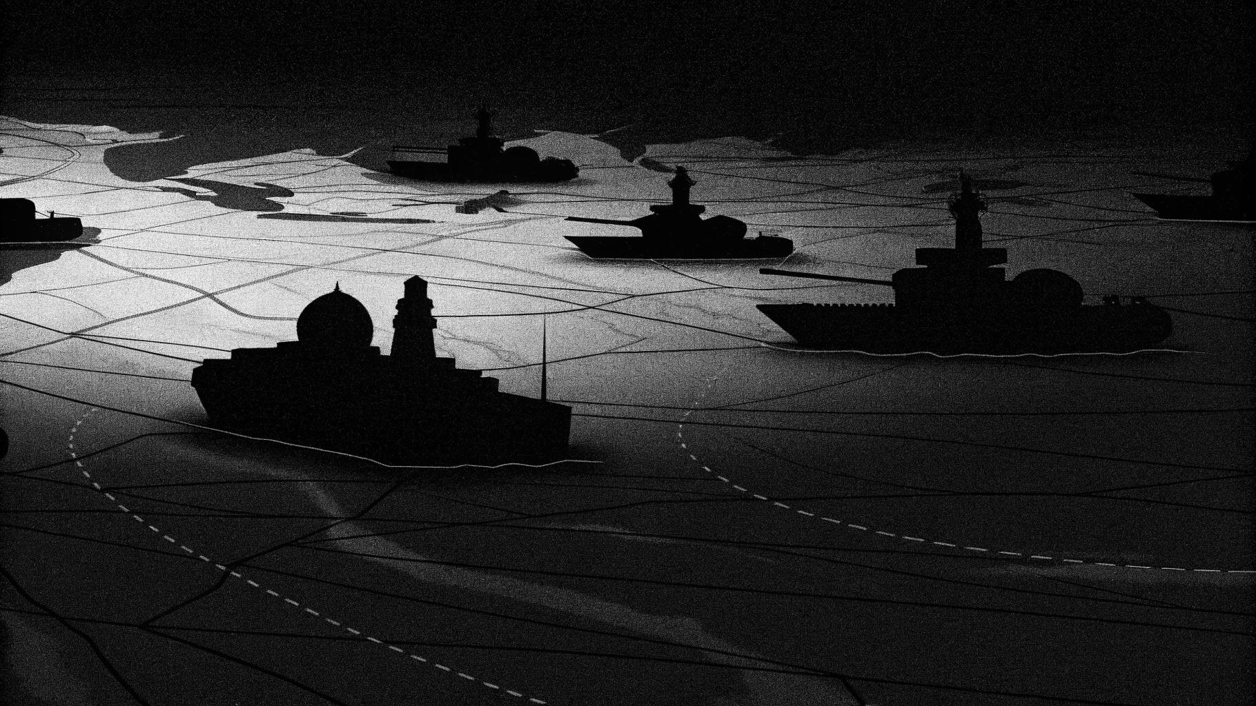 Illustration abstraite représentant une confrontation géopolitique au Moyen-Orient, avec des silhouettes d'installations militaires et de routes maritimes près du détroit d'Ormuz, dans une palette sombre de gris et bleus profonds.