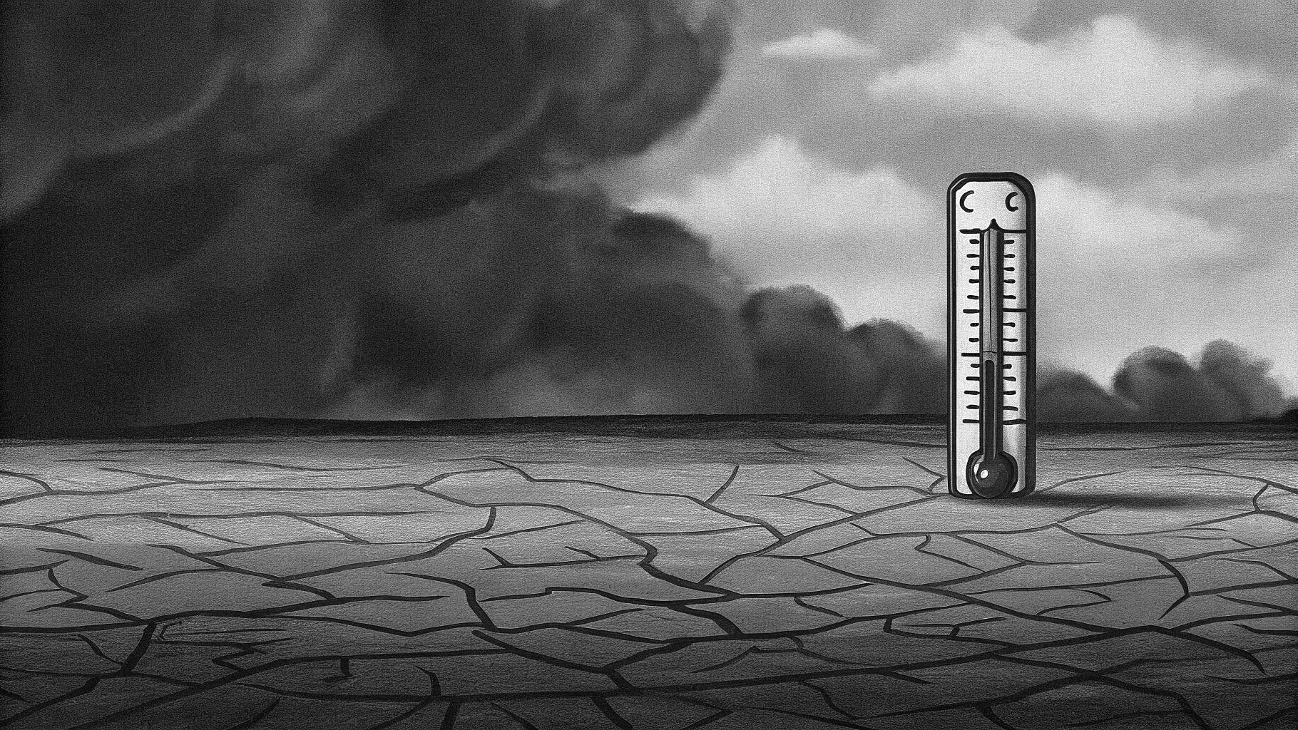 Illustration abstraite de la canicule et de la crise climatique, sans texte ni logo, palette sobre, format paysage 3:2, représentant un thermomètre dépassant 40 degrés avec un paysage sec et des nuages d'orage