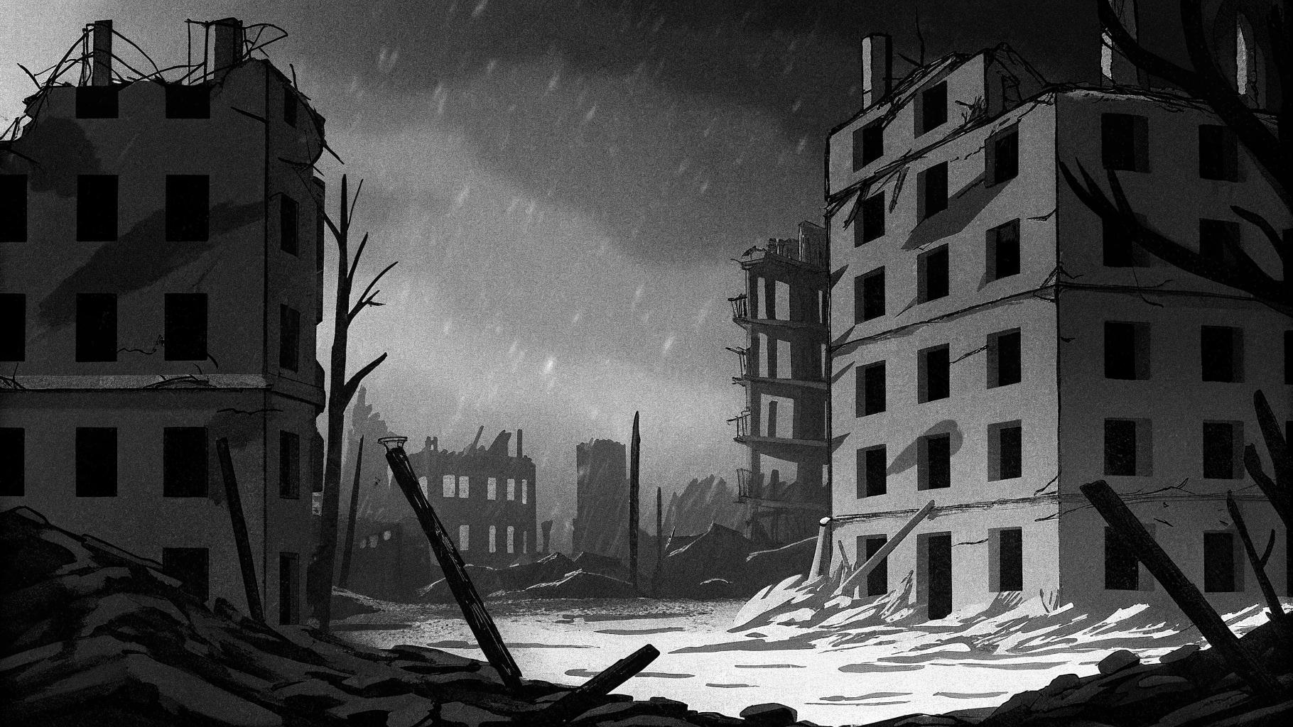 Illustration abstraite d'un paysage urbain dévasté avec des bâtiments en ruine et des débris dispersés, palette sobre de gris et de brun, sans texte ni logo