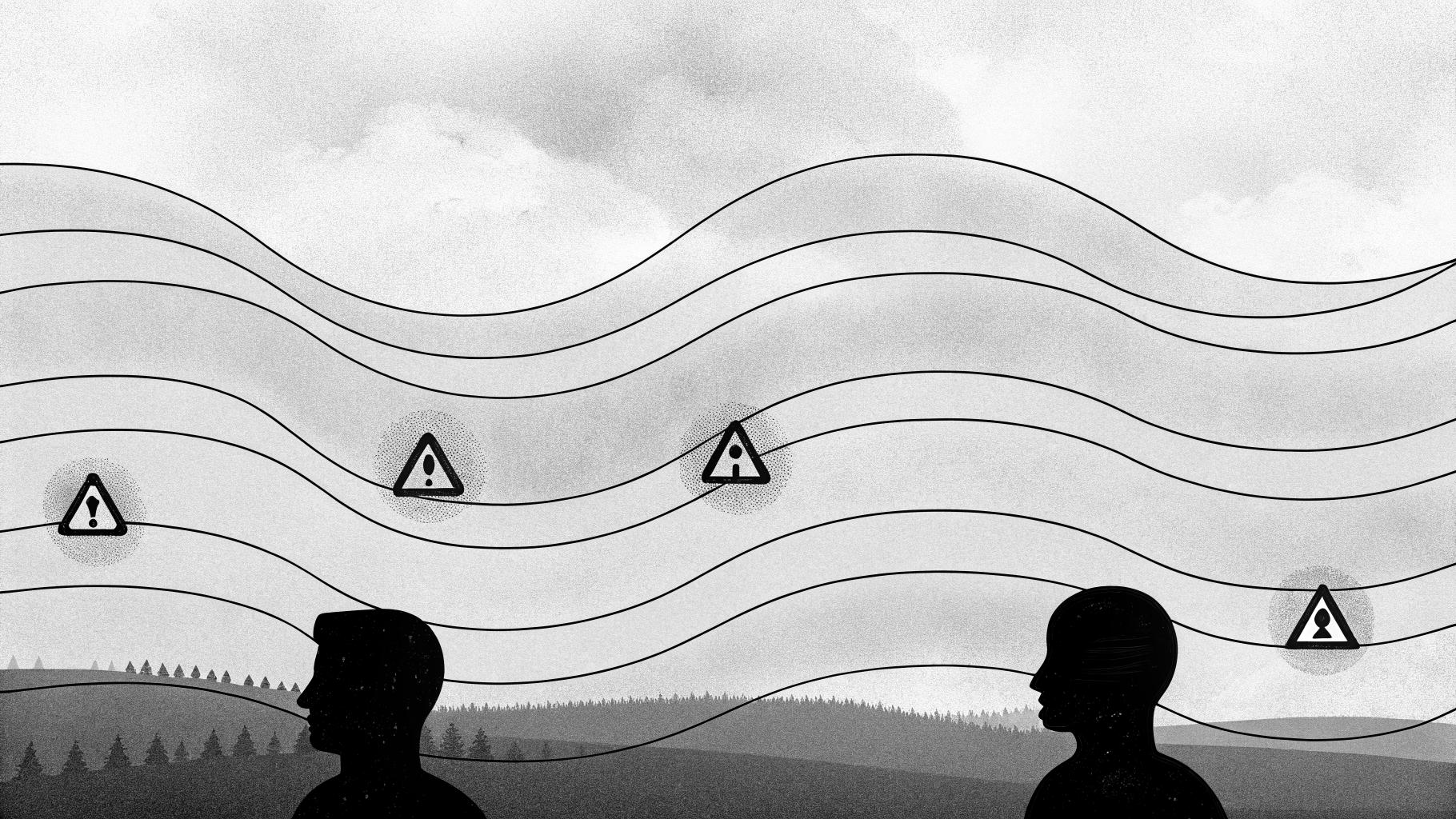 Illustration abstraite montrant des vagues de chaleur et des symboles de gestion de crise, sans texte, sans logo, sans visage reconnaissable, palette sobre
