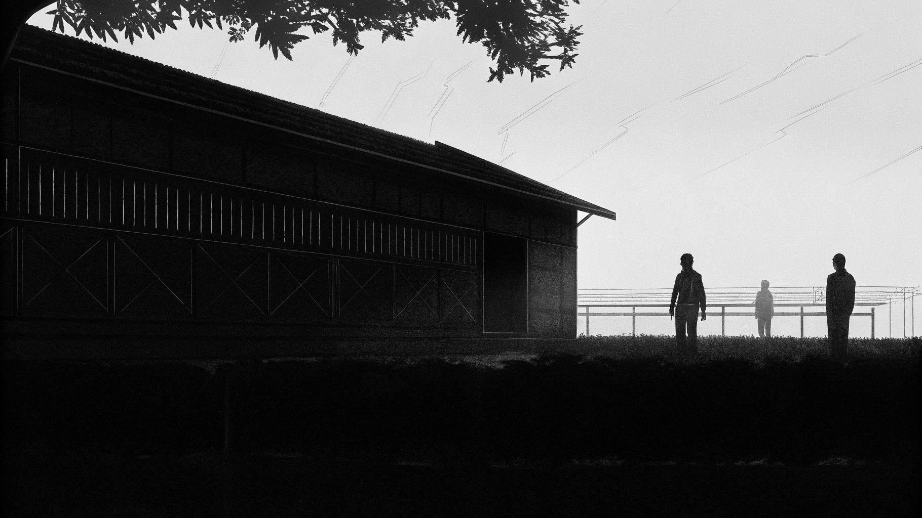 Illustration abstraite d'une usine de drones sous surveillance, avec des silhouettes sombres et des flux de données numériques, style presse sérieuse, sans texte, sans logo, sans visage reconnaissable, palette sobre, format paysage 3:2
