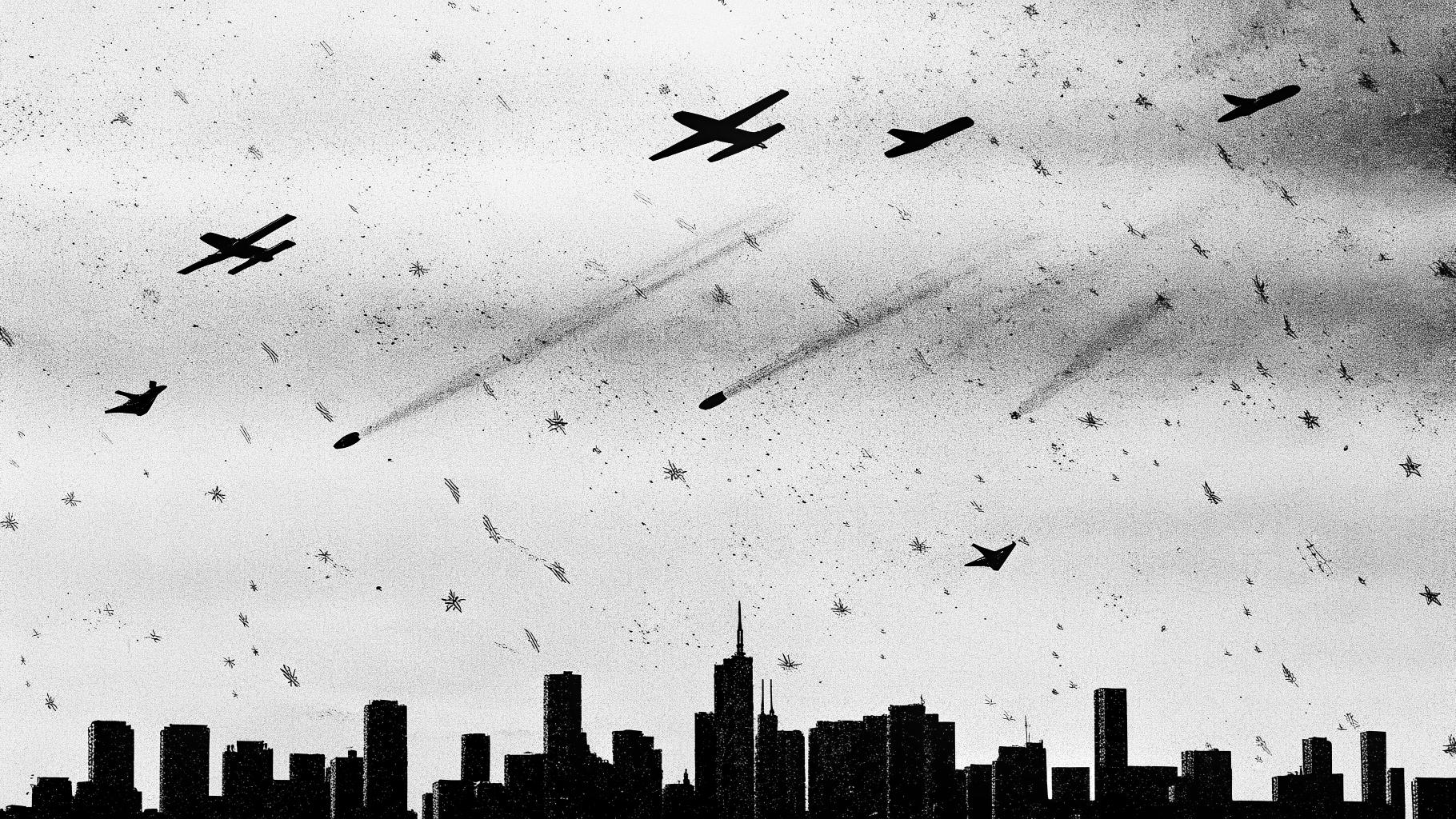 Illustration abstraite montrant une nuit où des drones et des missiles descendent sur une ville, palette sombre bleu et gris