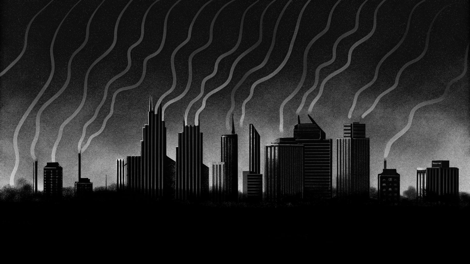 Illustration abstraite de vagues de chaleur émanant d'un paysage urbain, tons terreux sobres, sans texte ni visage, format paysage 3:2