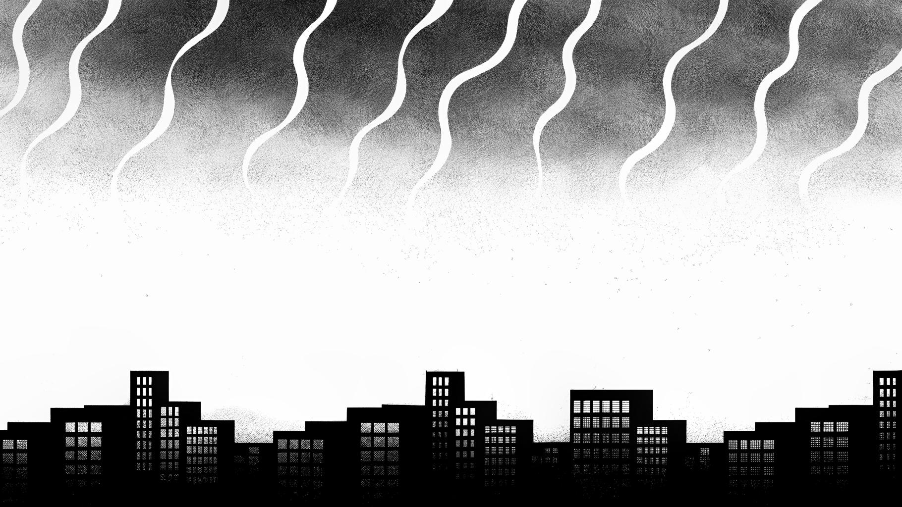 Illustration abstraite de vagues de chaleur extrême se levant d'un paysage urbain, style presse sérieuse minimaliste, sans texte ni logo, palette sobre, format paysage