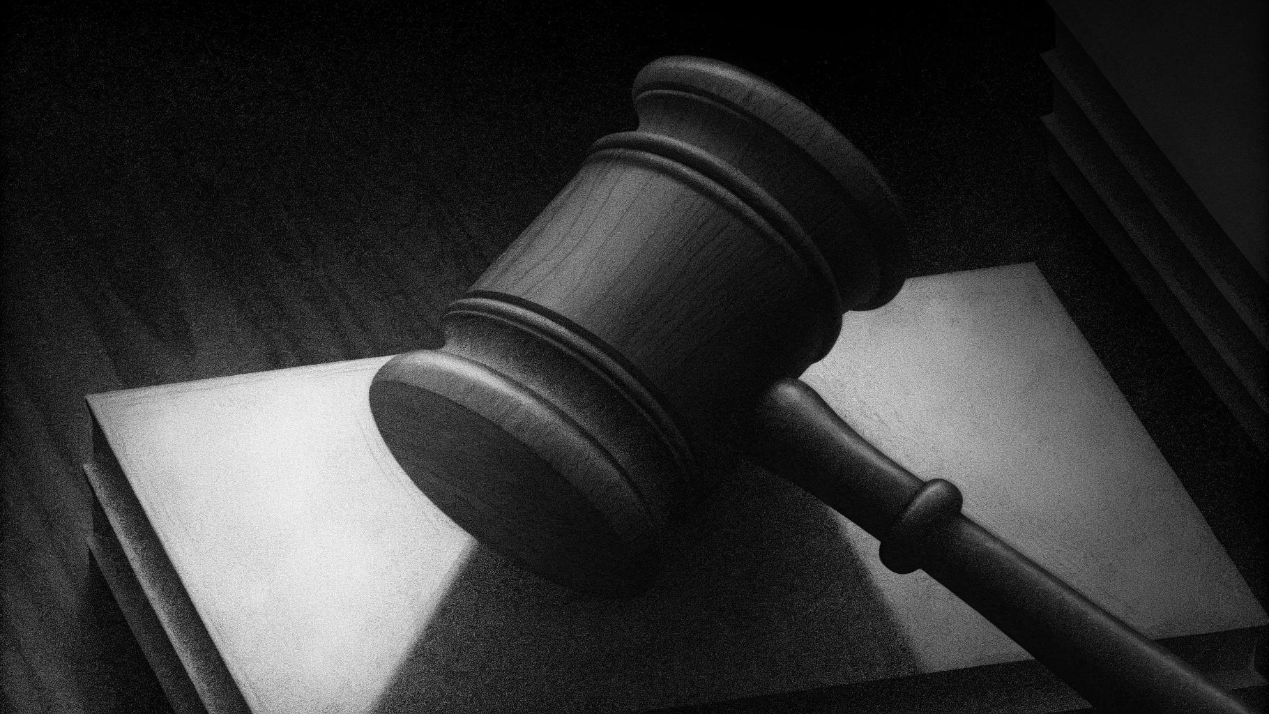 Illustration abstraite d'un marteau de justice posé sur un document juridique vide, symbolisant le verdict judiciaire et l'incertitude politique, sans texte, sans logo, sans visage reconnaissable, palette sobre de gris et bleu marine, format paysage 