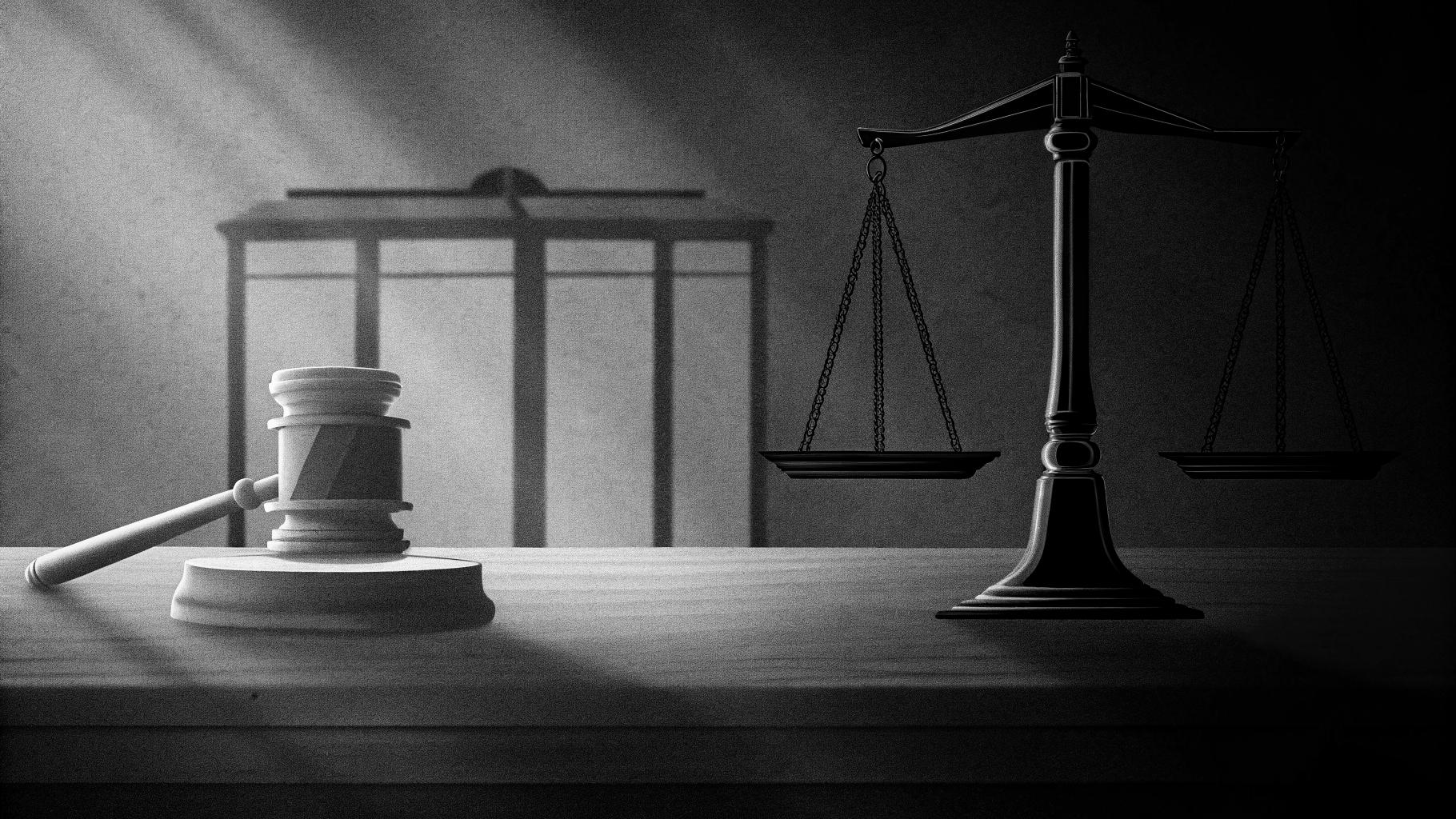 Illustration éditoriale abstraite d'un marteau de justice posé sur une balance, avec une silhouette de boîte de vote en arrière-plan, palette sobre de gris et bleu doux.
