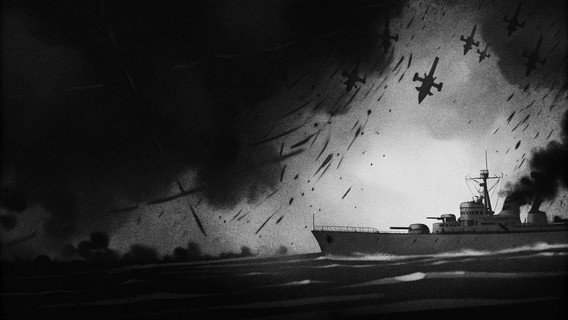 Illustration abstraite d'un navire de guerre sous l'attaque de drones, avec un fond de mer sombre et orageuse, sans texte, sans logo, sans visage reconnaissable, palette sobre, format paysage 3:2