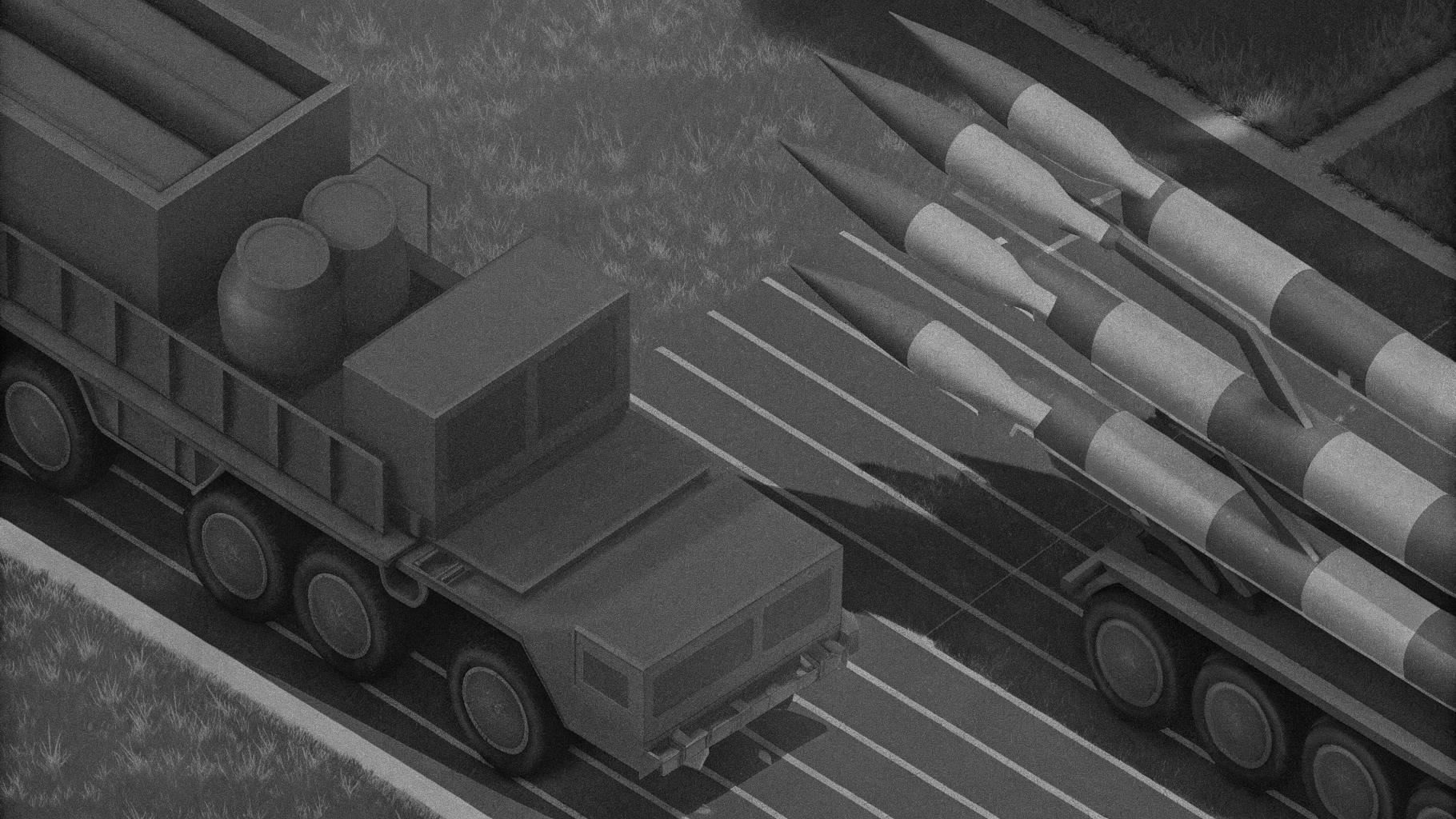 Illustration abstraite d'un système de lancement de missile militaire moderne, représentant la capacité de défense stratégique, palette sombre en gris foncé et bleu marine